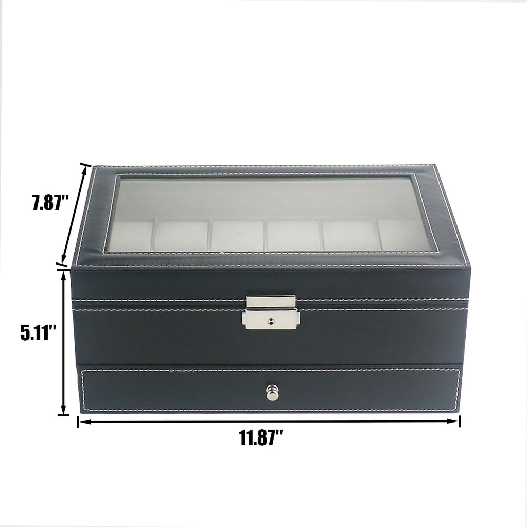 12 Slot PU Leather Lockable Watch Storage Boxes, Men & Women Jewelry Display Drawer Case, 2-tier Organizer Watch Showcase with Glass Lid (Black)