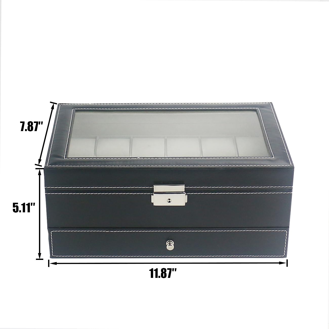 12 Slot PU Leather Lockable Watch Storage Boxes, Men & Women Jewelry Display Drawer Case, 2-tier Organizer Watch Showcase with Glass Lid (Black)