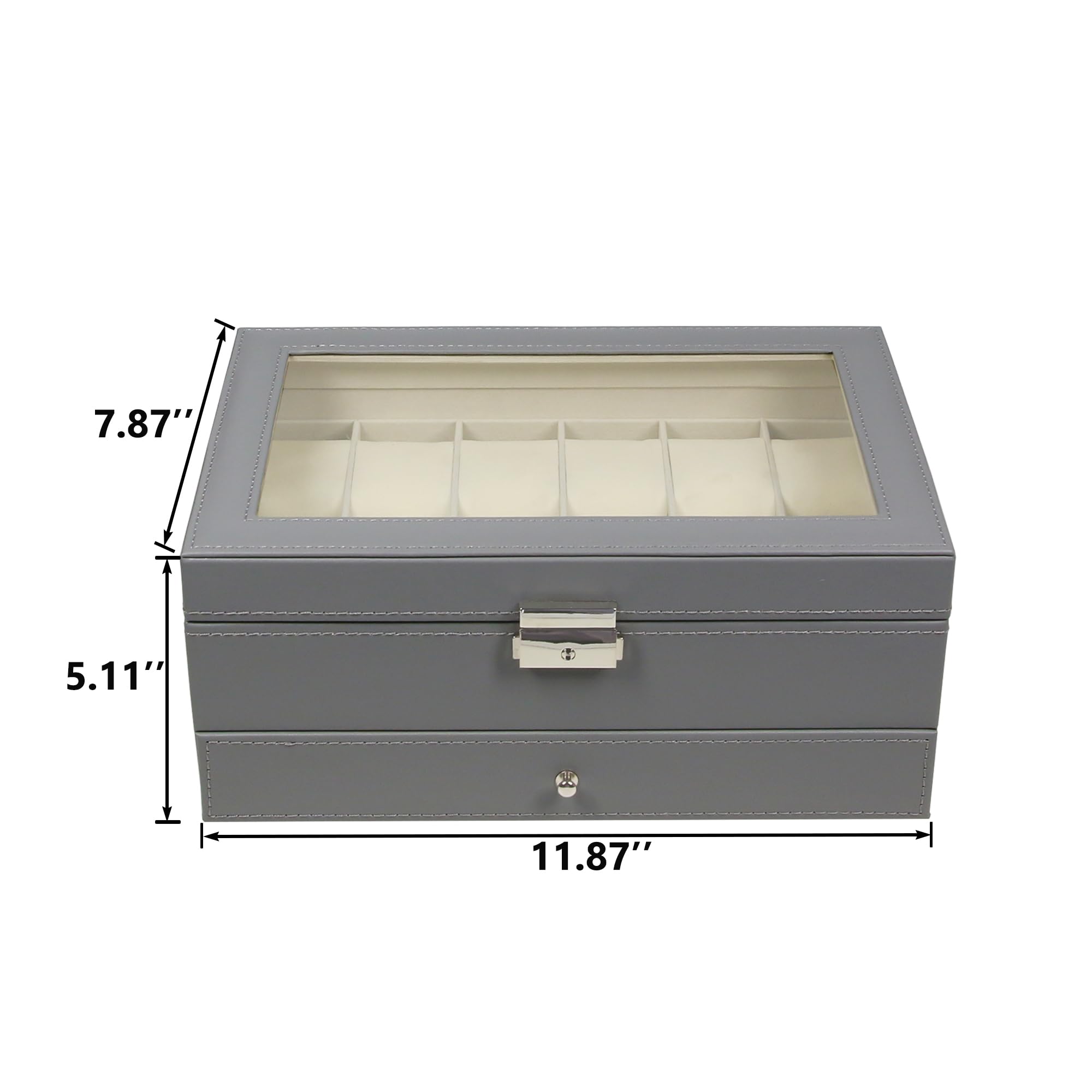 12 Slot PU Leather Lockable Watch Storage Boxes, Men & Women Jewelry Display Drawer Case, 2-tier Organizer Watch Showcase with Glass Lid (Black)