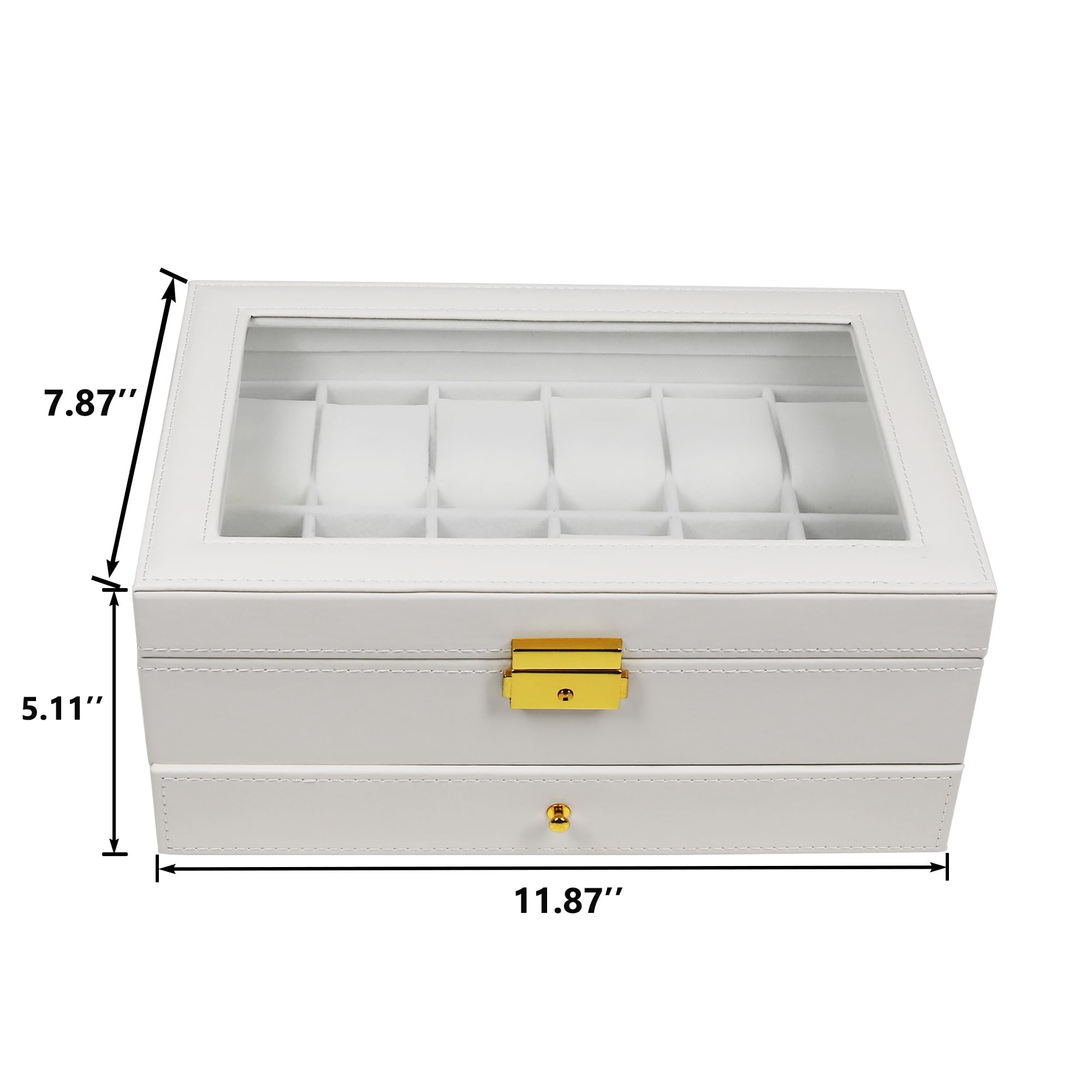 12 Slot PU Leather Lockable Watch Storage Boxes, Men & Women Jewelry Display Drawer Case, 2-tier Organizer Watch Showcase with Glass Lid (Black)