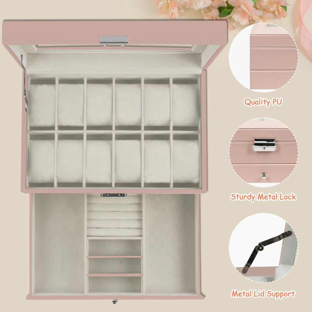 12 Slot PU Leather Lockable Watch Storage Boxes, Men & Women Jewelry Display Drawer Case, 2-tier Organizer Watch Showcase with Glass Lid (Black)