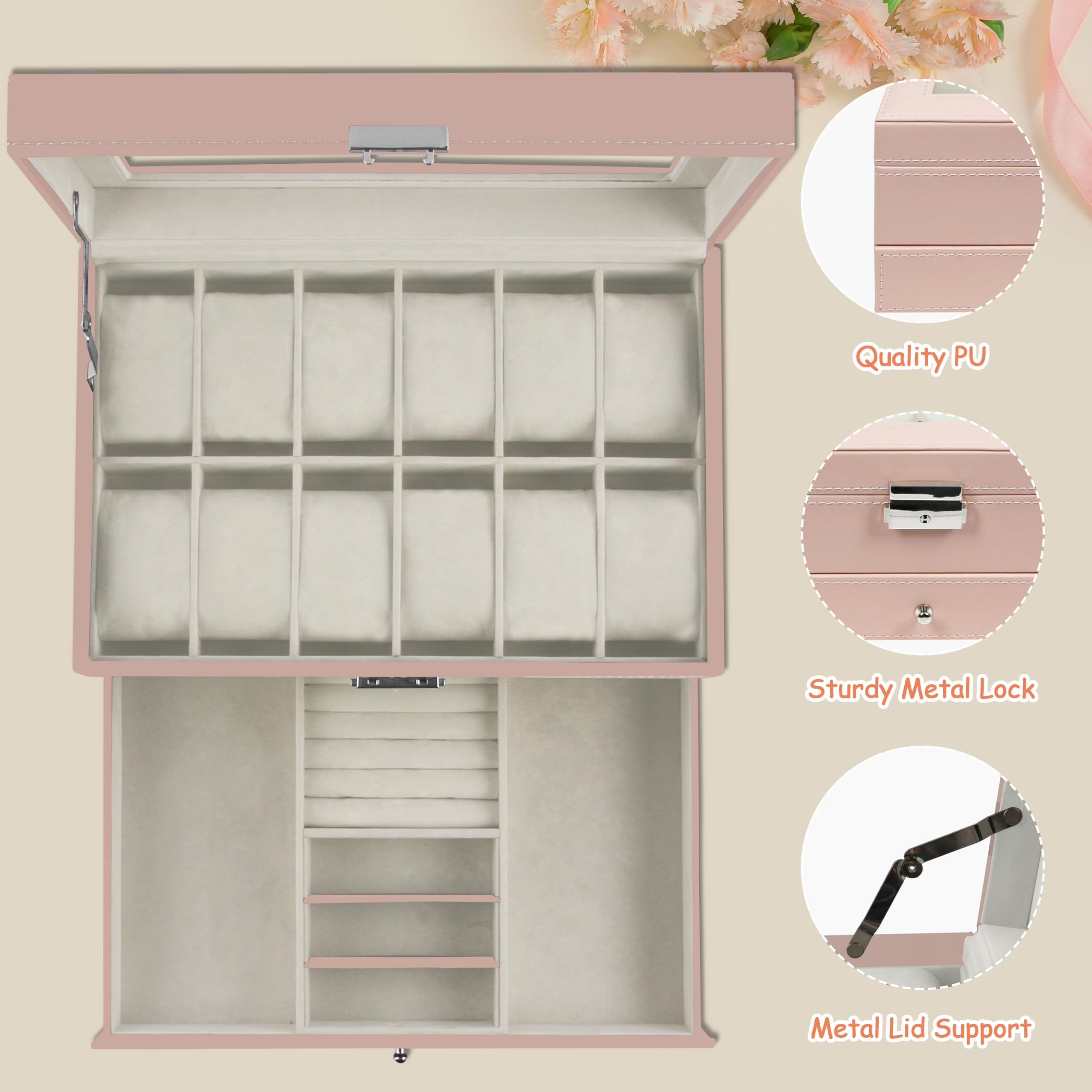 12 Slot PU Leather Lockable Watch Storage Boxes, Men & Women Jewelry Display Drawer Case, 2-tier Organizer Watch Showcase with Glass Lid (Black)