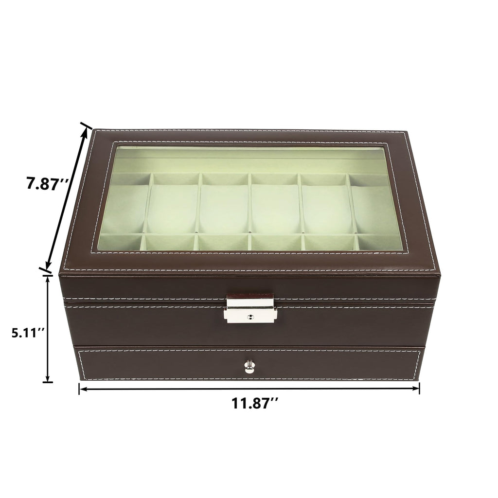 12 Slot PU Leather Lockable Watch Storage Boxes, Men & Women Jewelry Display Drawer Case, 2-tier Organizer Watch Showcase with Glass Lid (Black)