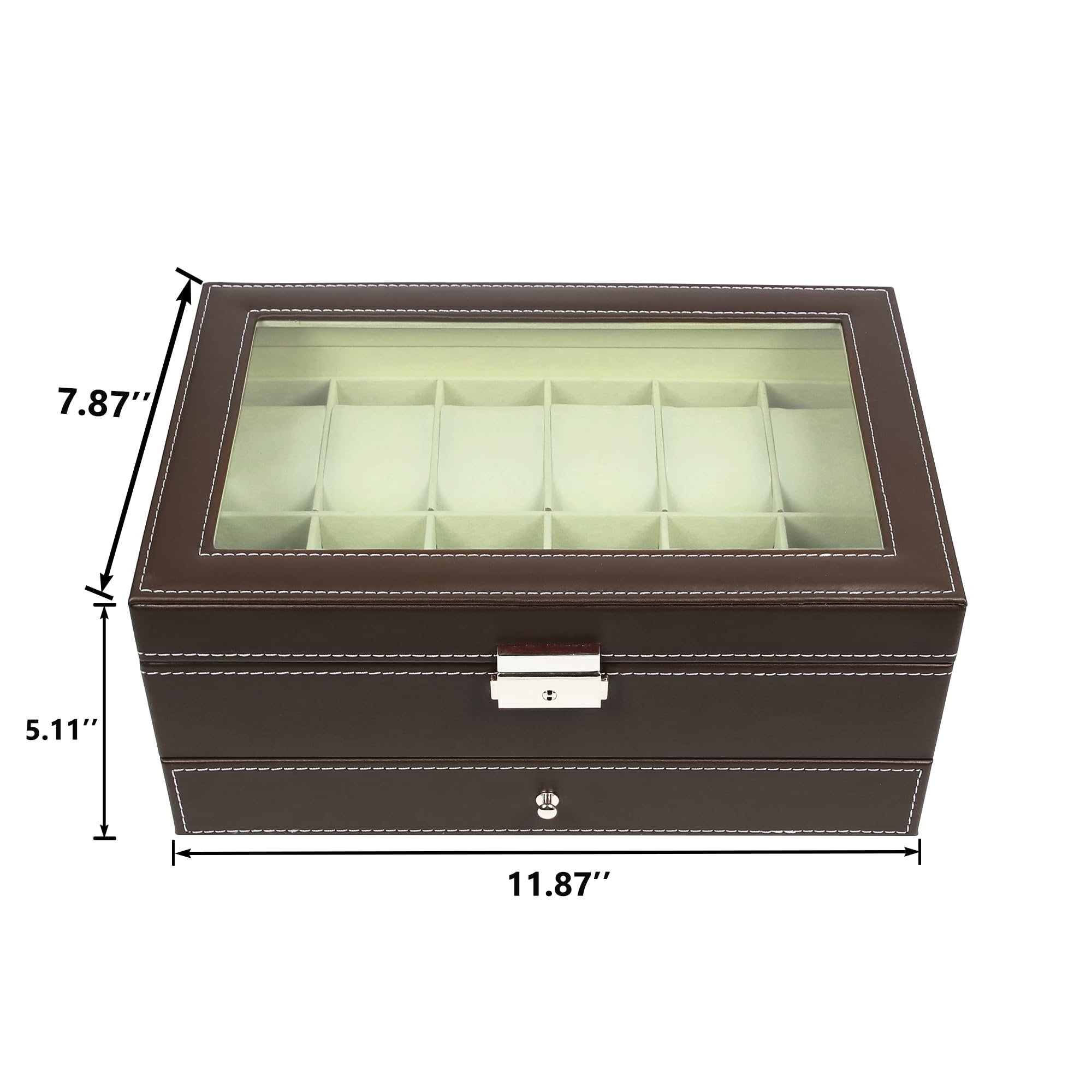 12 Slot PU Leather Lockable Watch Storage Boxes, Men & Women Jewelry Display Drawer Case, 2-tier Organizer Watch Showcase with Glass Lid (Black)