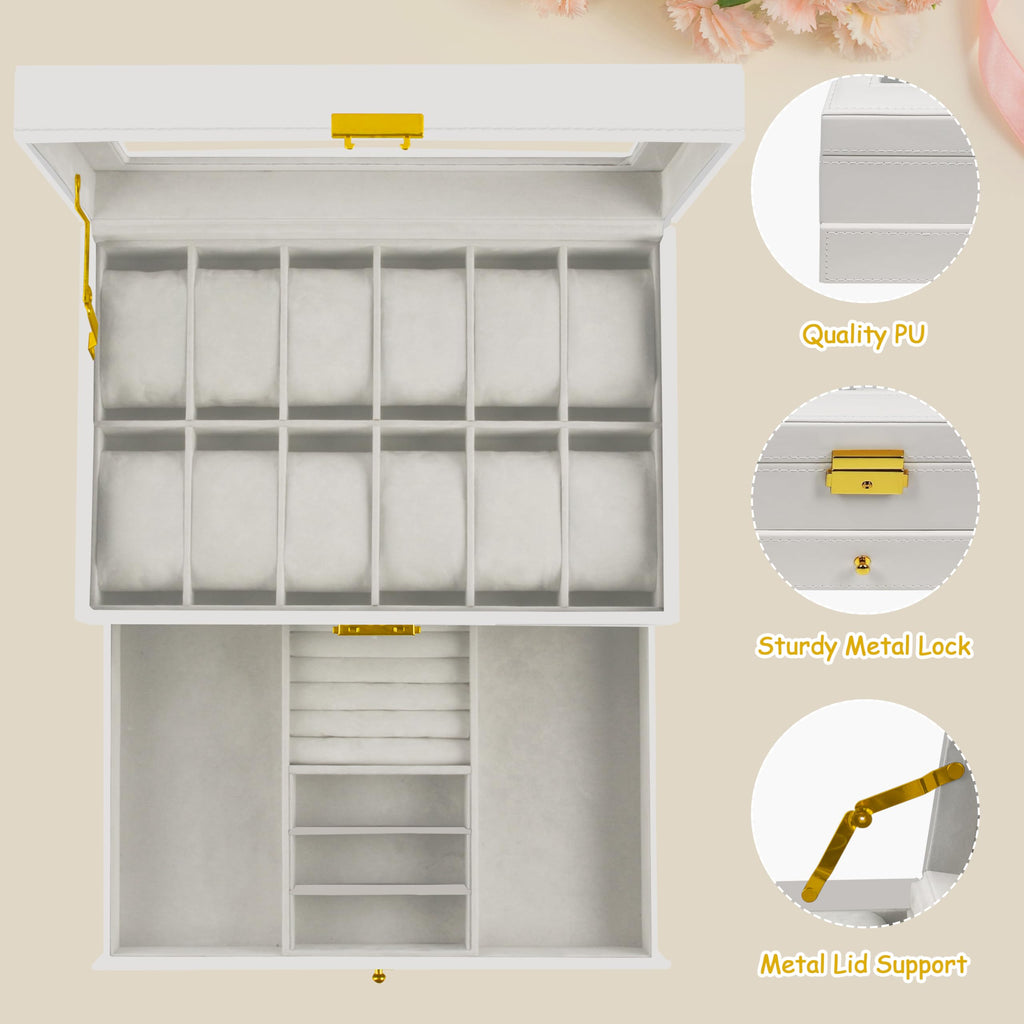 12 Slot PU Leather Lockable Watch Storage Boxes, Men & Women Jewelry Display Drawer Case, 2-tier Organizer Watch Showcase with Glass Lid (Black)