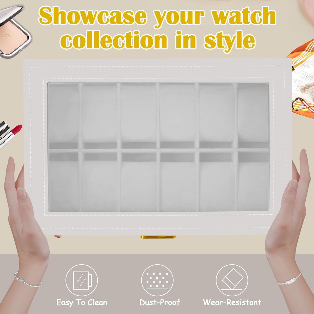 12 Slot PU Leather Lockable Watch Storage Boxes, Men & Women Jewelry Display Drawer Case, 2-tier Organizer Watch Showcase with Glass Lid (Black)