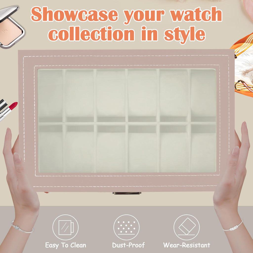 12 Slot PU Leather Lockable Watch Storage Boxes, Men & Women Jewelry Display Drawer Case, 2-tier Organizer Watch Showcase with Glass Lid (Black)