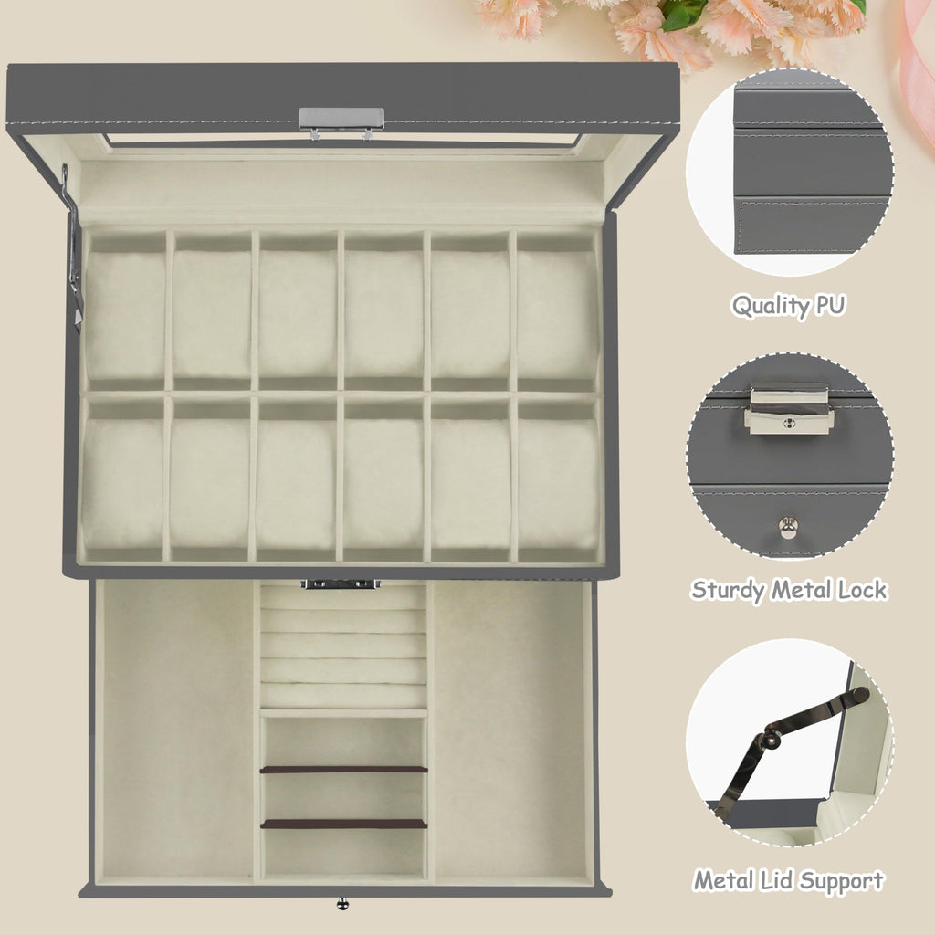 12 Slot PU Leather Lockable Watch Storage Boxes, Men & Women Jewelry Display Drawer Case, 2-tier Organizer Watch Showcase with Glass Lid (Black)