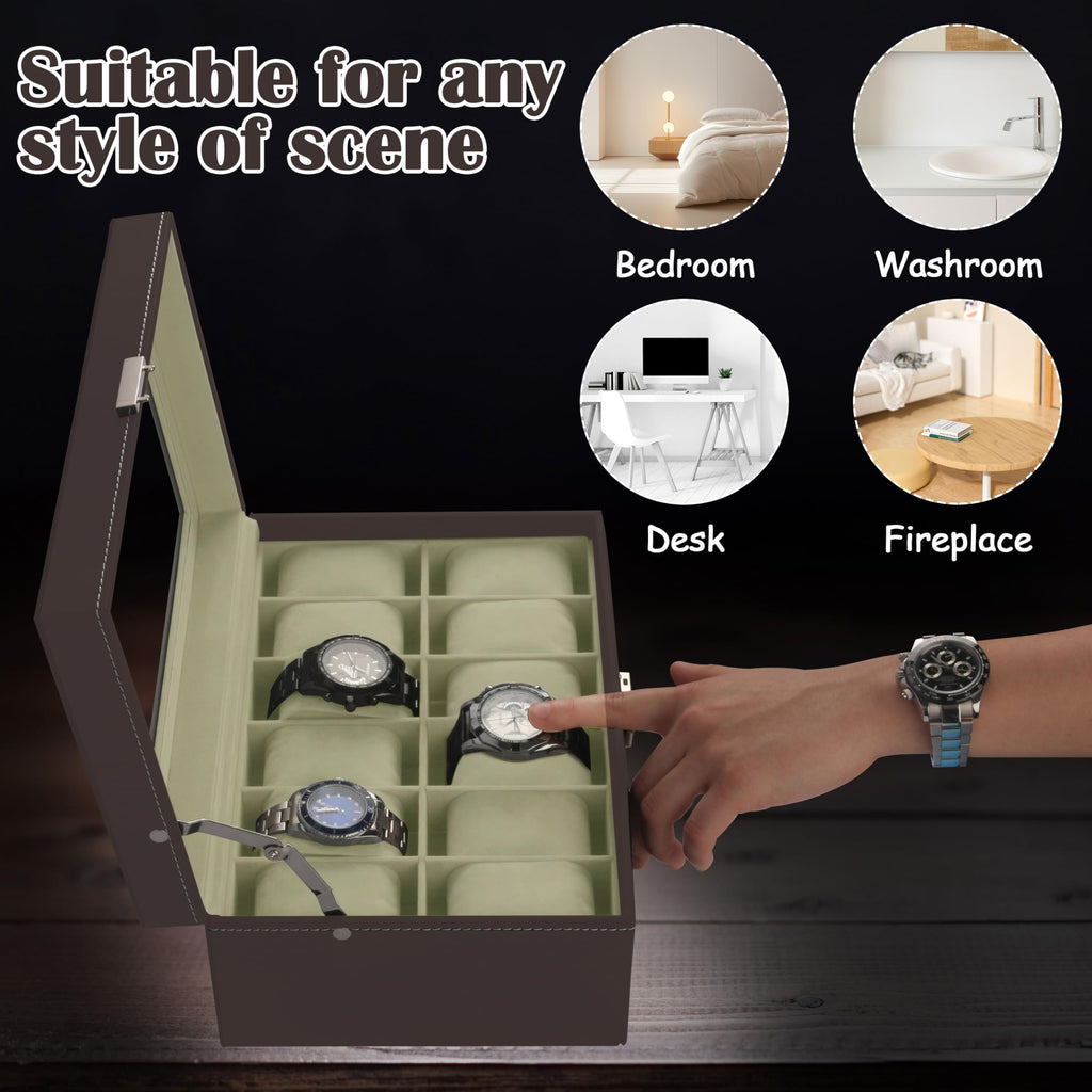 12 Slot PU Leather Lockable Watch Storage Boxes, Men & Women Jewelry Display Drawer Case, 2-tier Organizer Watch Showcase with Glass Lid (Black)