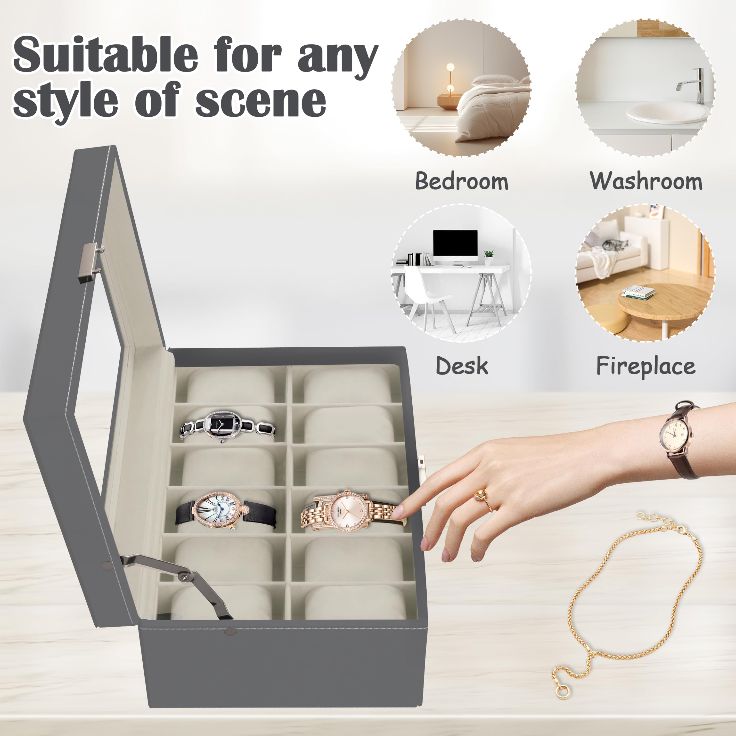 12 Slot PU Leather Lockable Watch Storage Boxes, Men & Women Jewelry Display Drawer Case, 2-tier Organizer Watch Showcase with Glass Lid (Black)