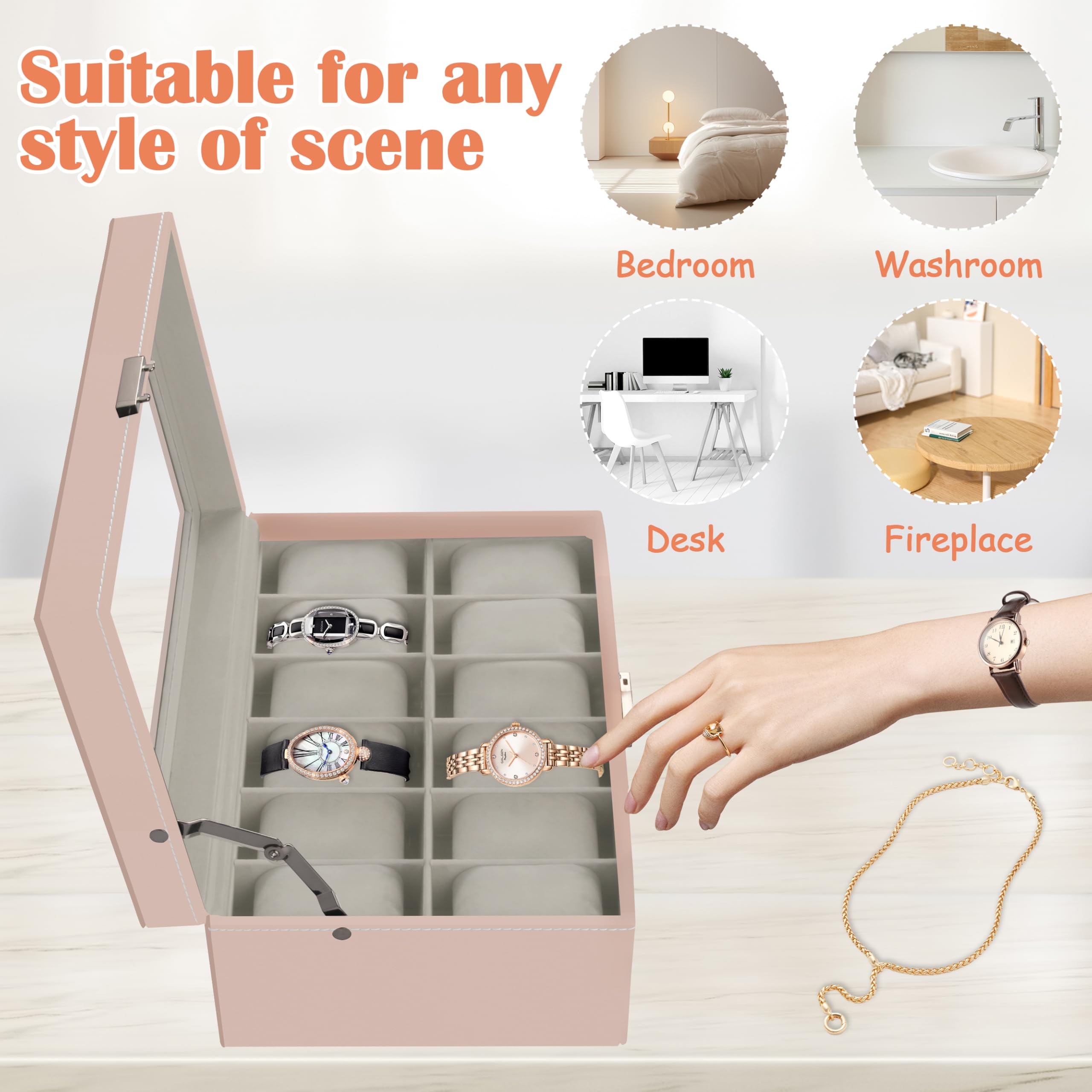 12 Slot PU Leather Lockable Watch Storage Boxes, Men & Women Jewelry Display Drawer Case, 2-tier Organizer Watch Showcase with Glass Lid (Black)