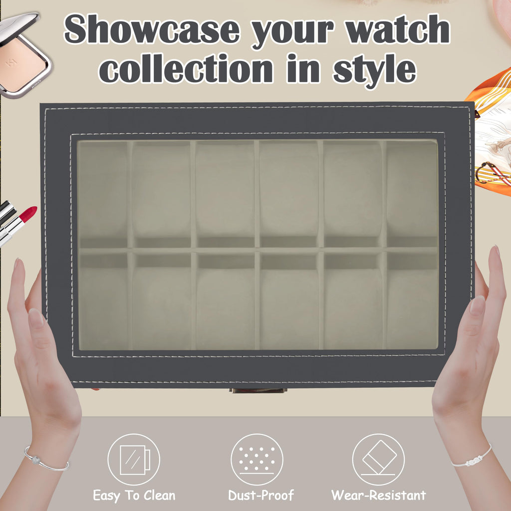 12 Slot PU Leather Lockable Watch Storage Boxes, Men & Women Jewelry Display Drawer Case, 2-tier Organizer Watch Showcase with Glass Lid (Black)