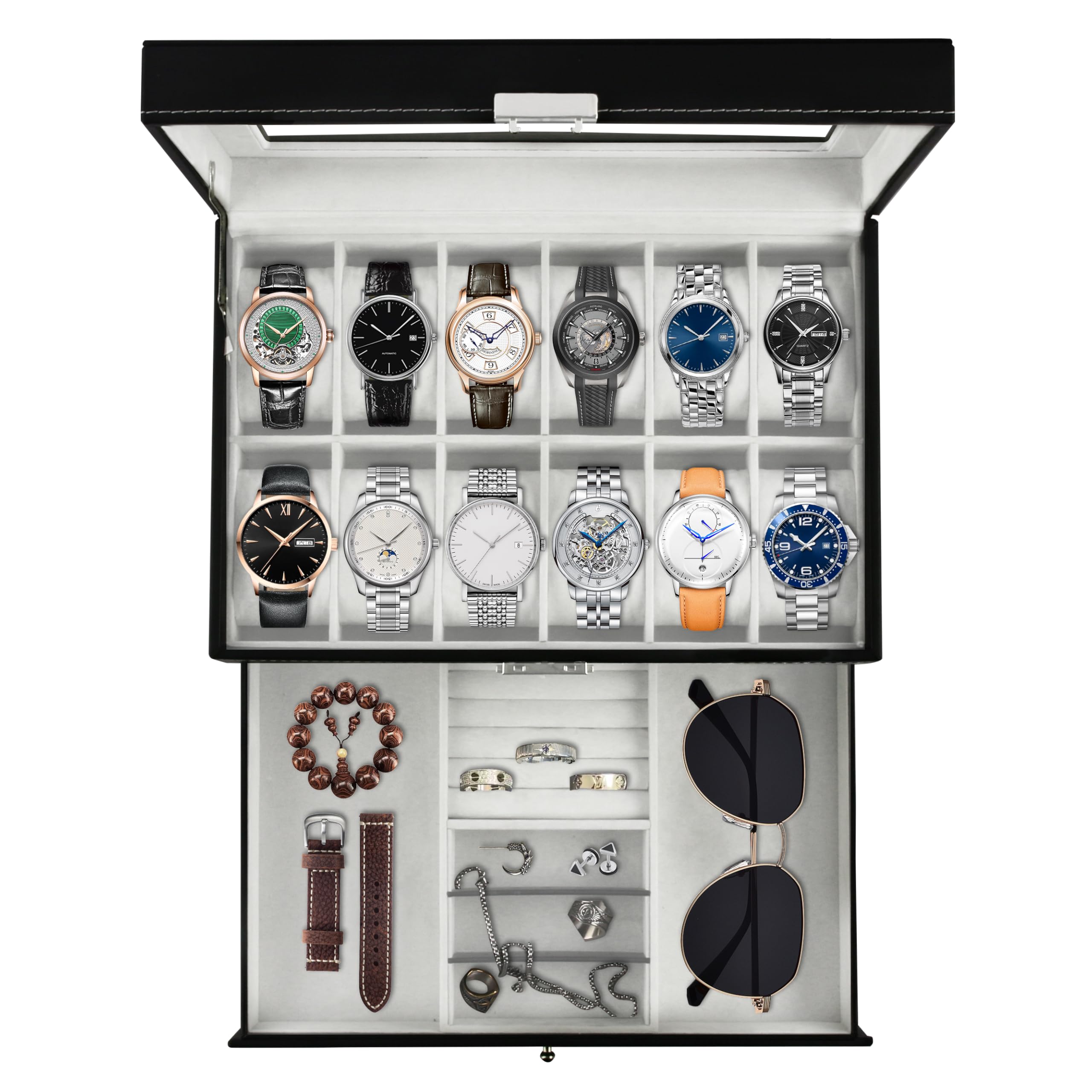 12 Slot PU Leather Lockable Watch Storage Boxes, Men & Women Jewelry Display Drawer Case, 2-tier Organizer Watch Showcase with Glass Lid (Black)