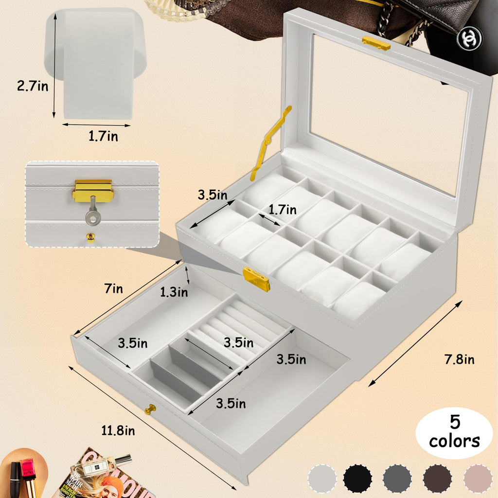 12 Slot PU Leather Lockable Watch Storage Boxes, Men & Women Jewelry Display Drawer Case, 2-tier Organizer Watch Showcase with Glass Lid (Black)