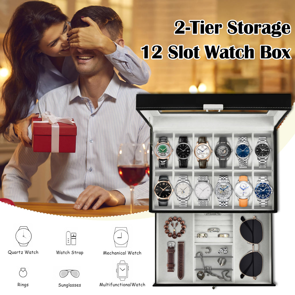 12 Slot PU Leather Lockable Watch Storage Boxes, Men & Women Jewelry Display Drawer Case, 2-tier Organizer Watch Showcase with Glass Lid (Black)