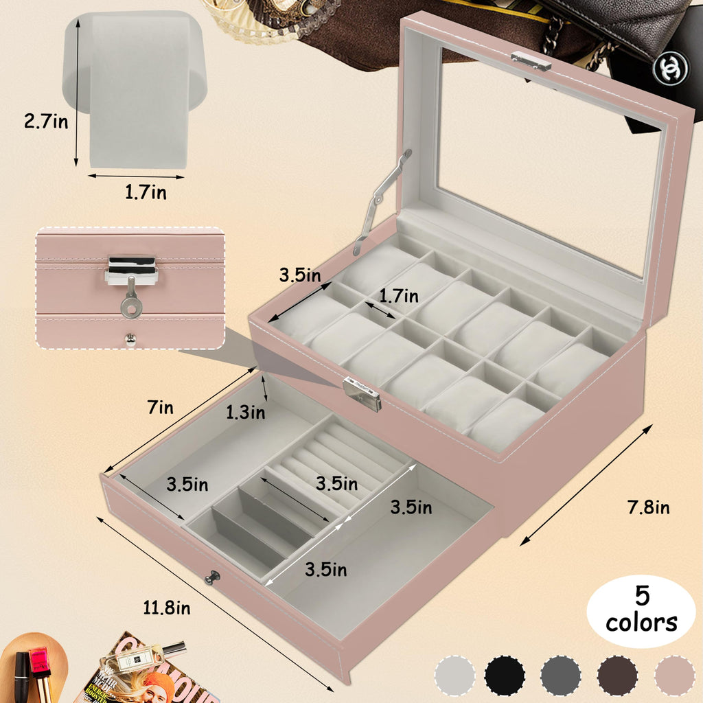 12 Slot PU Leather Lockable Watch Storage Boxes, Men & Women Jewelry Display Drawer Case, 2-tier Organizer Watch Showcase with Glass Lid (Black)