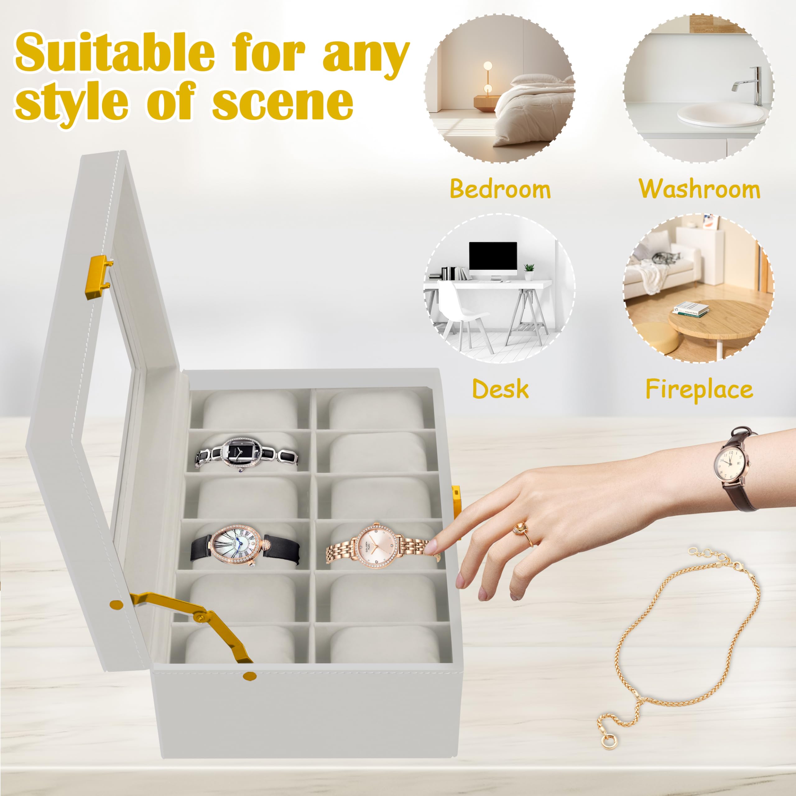 12 Slot PU Leather Lockable Watch Storage Boxes, Men & Women Jewelry Display Drawer Case, 2-tier Organizer Watch Showcase with Glass Lid (Black)