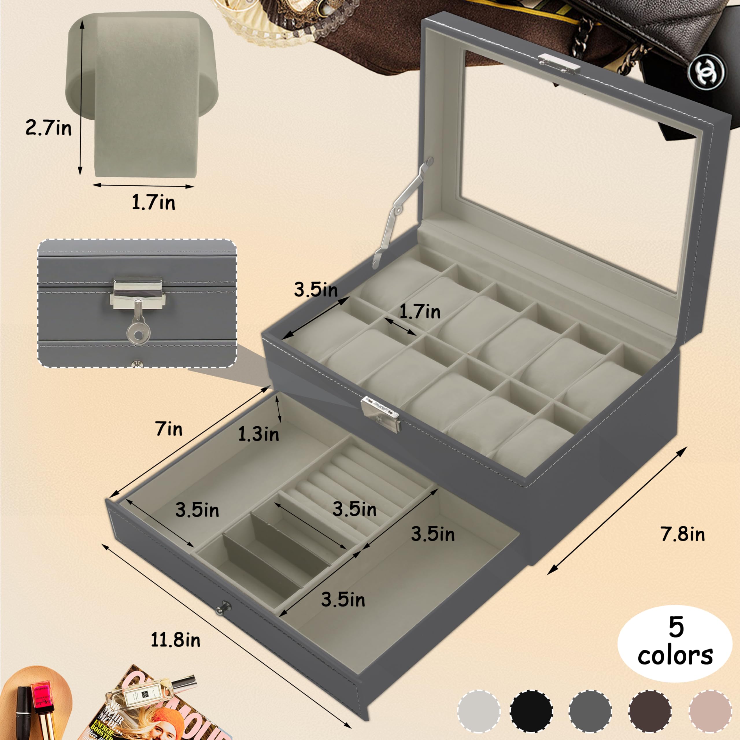 12 Slot PU Leather Lockable Watch Storage Boxes, Men & Women Jewelry Display Drawer Case, 2-tier Organizer Watch Showcase with Glass Lid (Black)