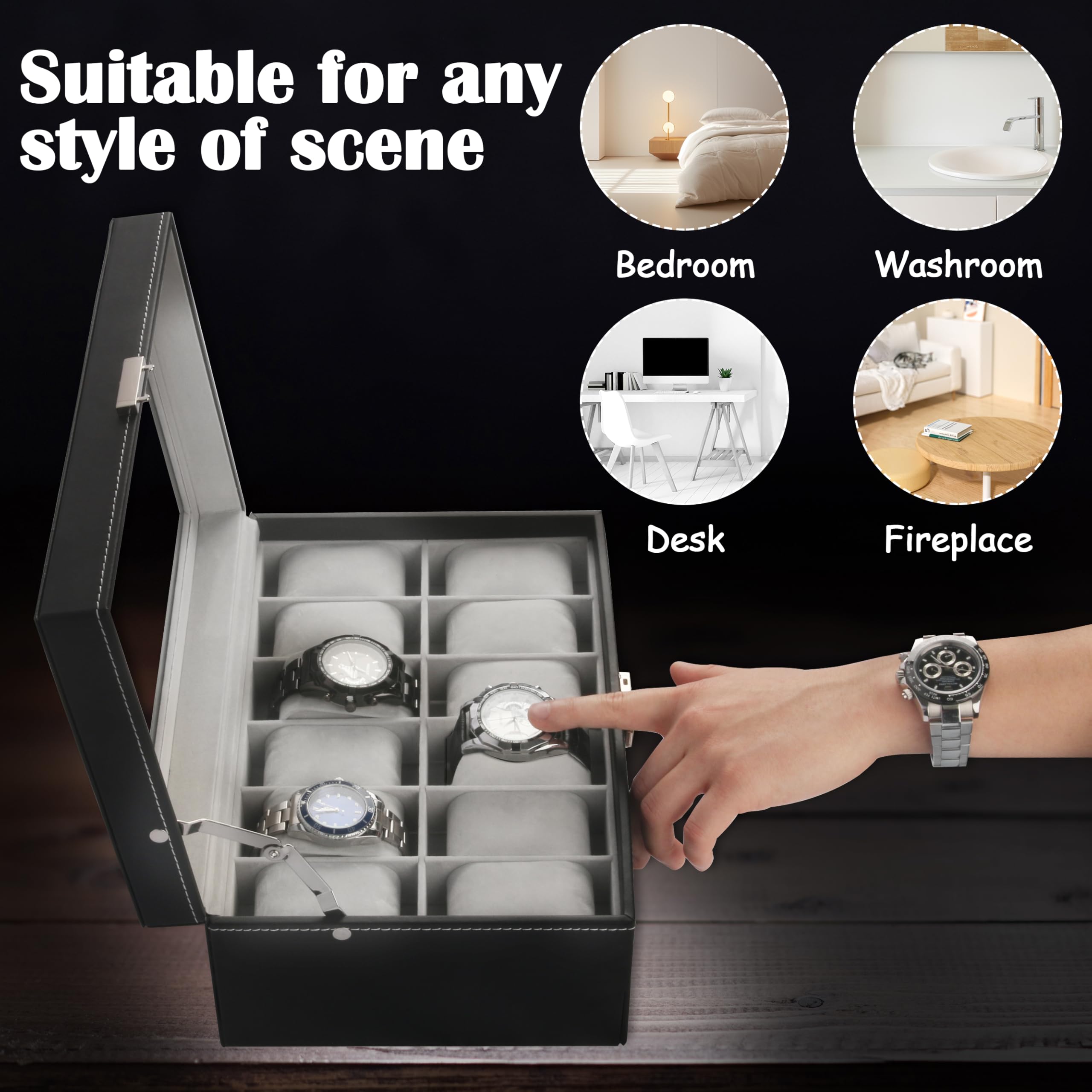 12 Slot PU Leather Lockable Watch Storage Boxes, Men & Women Jewelry Display Drawer Case, 2-tier Organizer Watch Showcase with Glass Lid (Black)