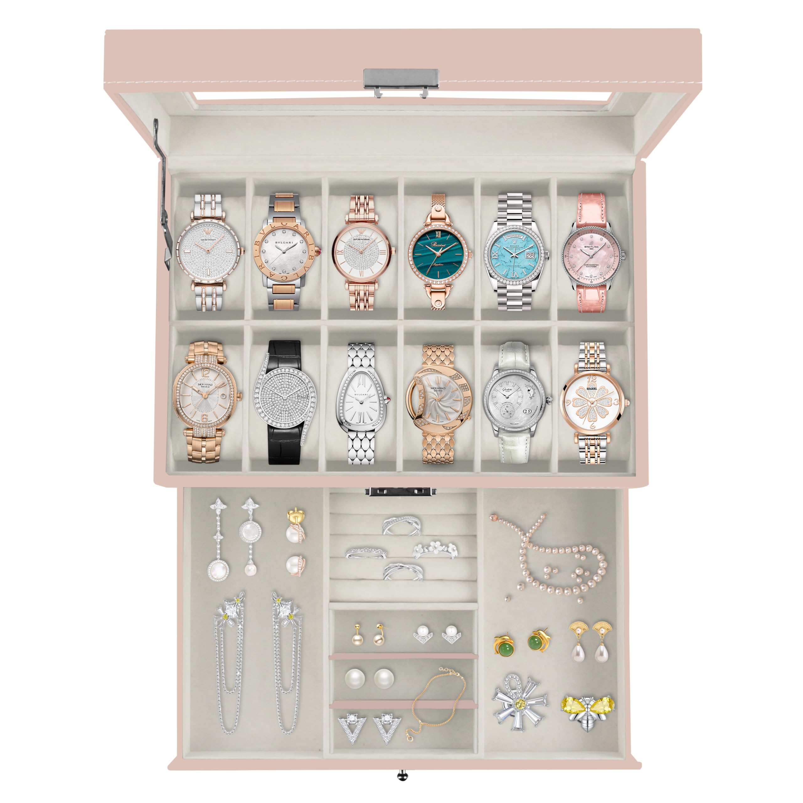 12 Slot PU Leather Lockable Watch Storage Boxes, Men & Women Jewelry Display Drawer Case, 2-tier Organizer Watch Showcase with Glass Lid (Black)