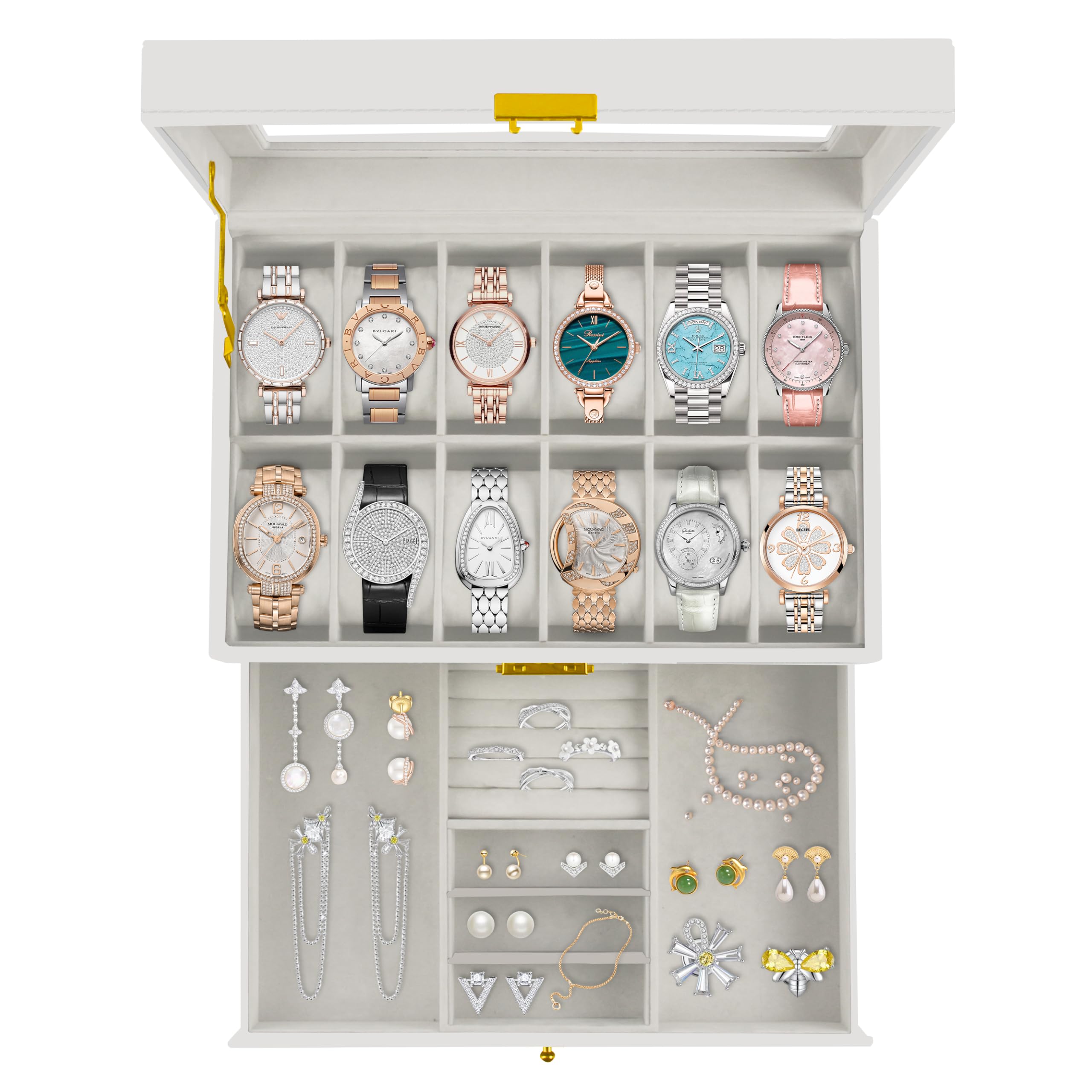 12 Slot PU Leather Lockable Watch Storage Boxes, Men & Women Jewelry Display Drawer Case, 2-tier Organizer Watch Showcase with Glass Lid (Black)