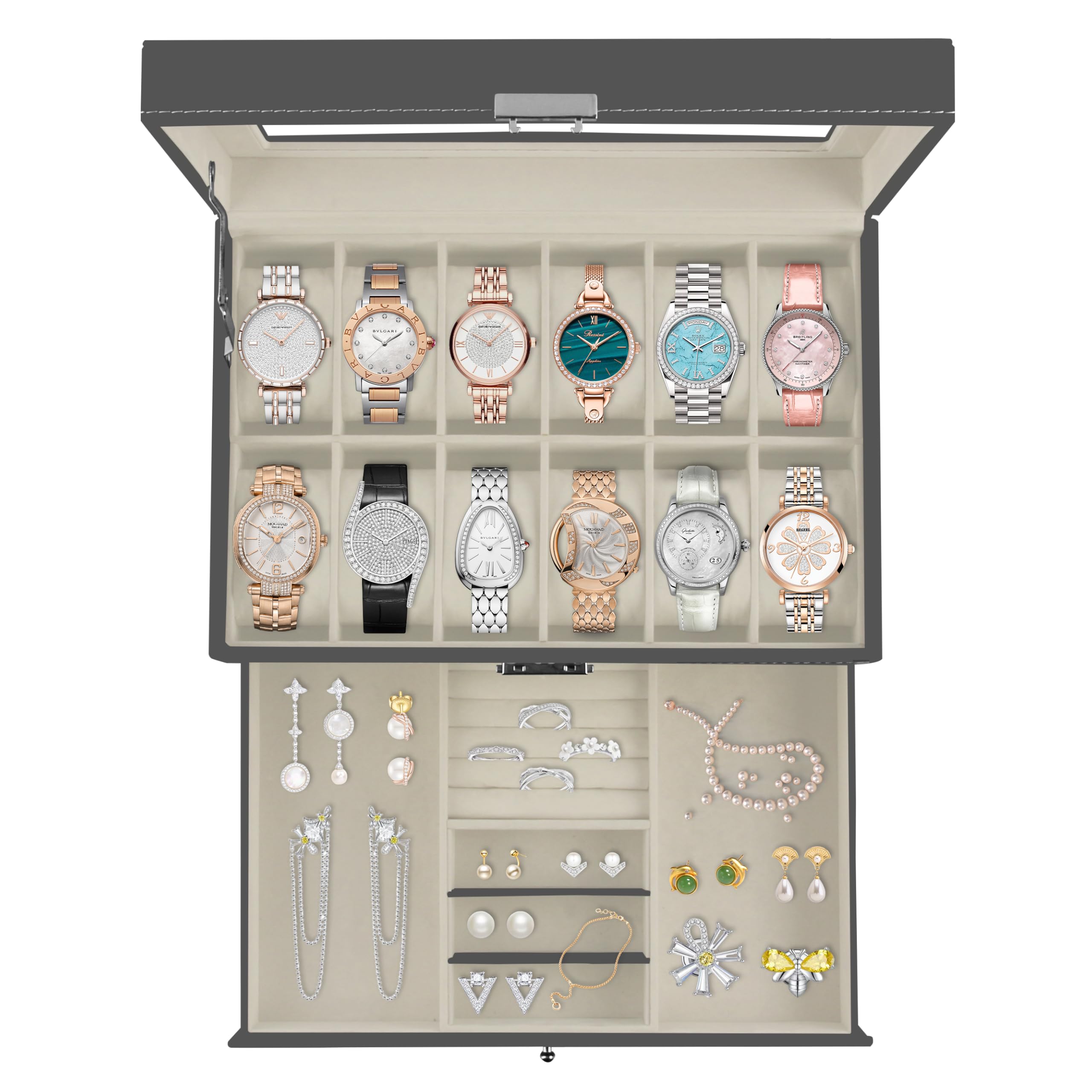 12 Slot PU Leather Lockable Watch Storage Boxes, Men & Women Jewelry Display Drawer Case, 2-tier Organizer Watch Showcase with Glass Lid (Black)