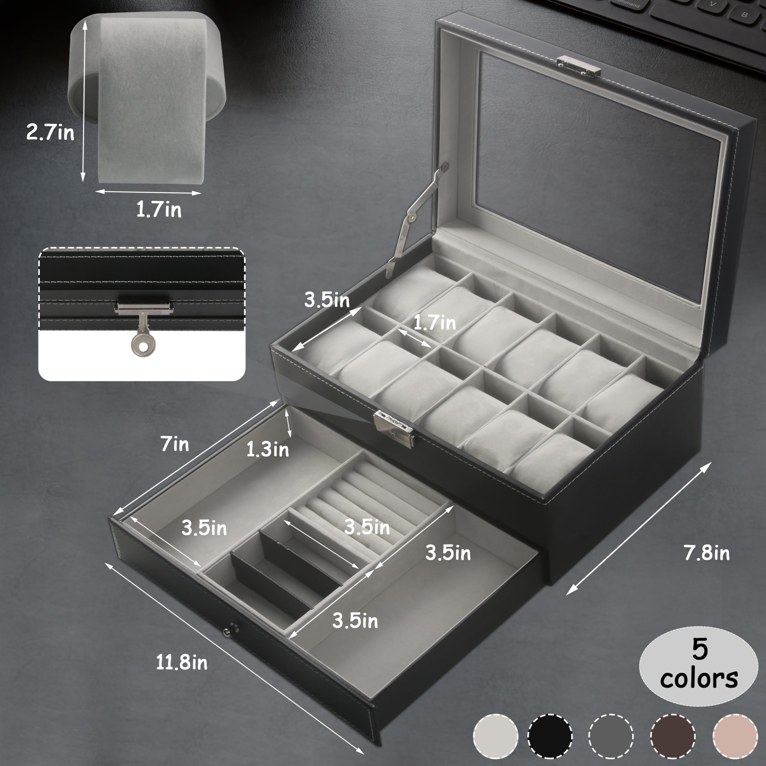 12 Slot PU Leather Lockable Watch Storage Boxes, Men & Women Jewelry Display Drawer Case, 2-tier Organizer Watch Showcase with Glass Lid (Black)