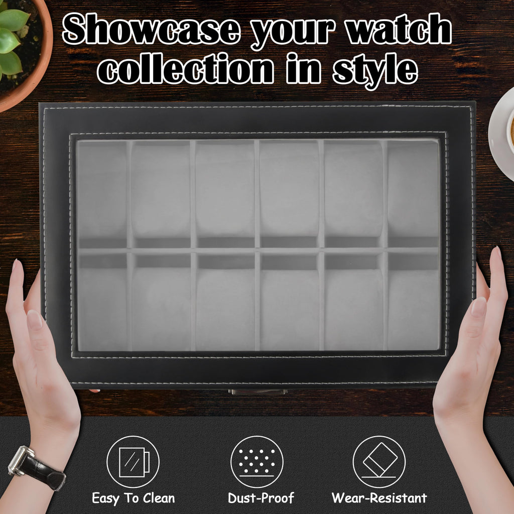 12 Slot PU Leather Lockable Watch Storage Boxes, Men & Women Jewelry Display Drawer Case, 2-tier Organizer Watch Showcase with Glass Lid (Black)
