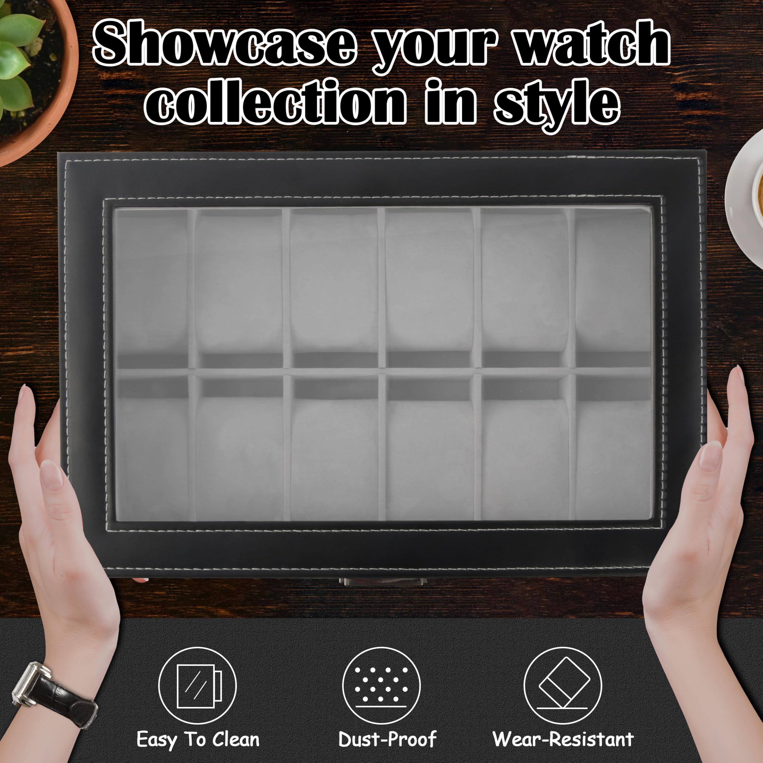 12 Slot PU Leather Lockable Watch Storage Boxes, Men & Women Jewelry Display Drawer Case, 2-tier Organizer Watch Showcase with Glass Lid (Black)