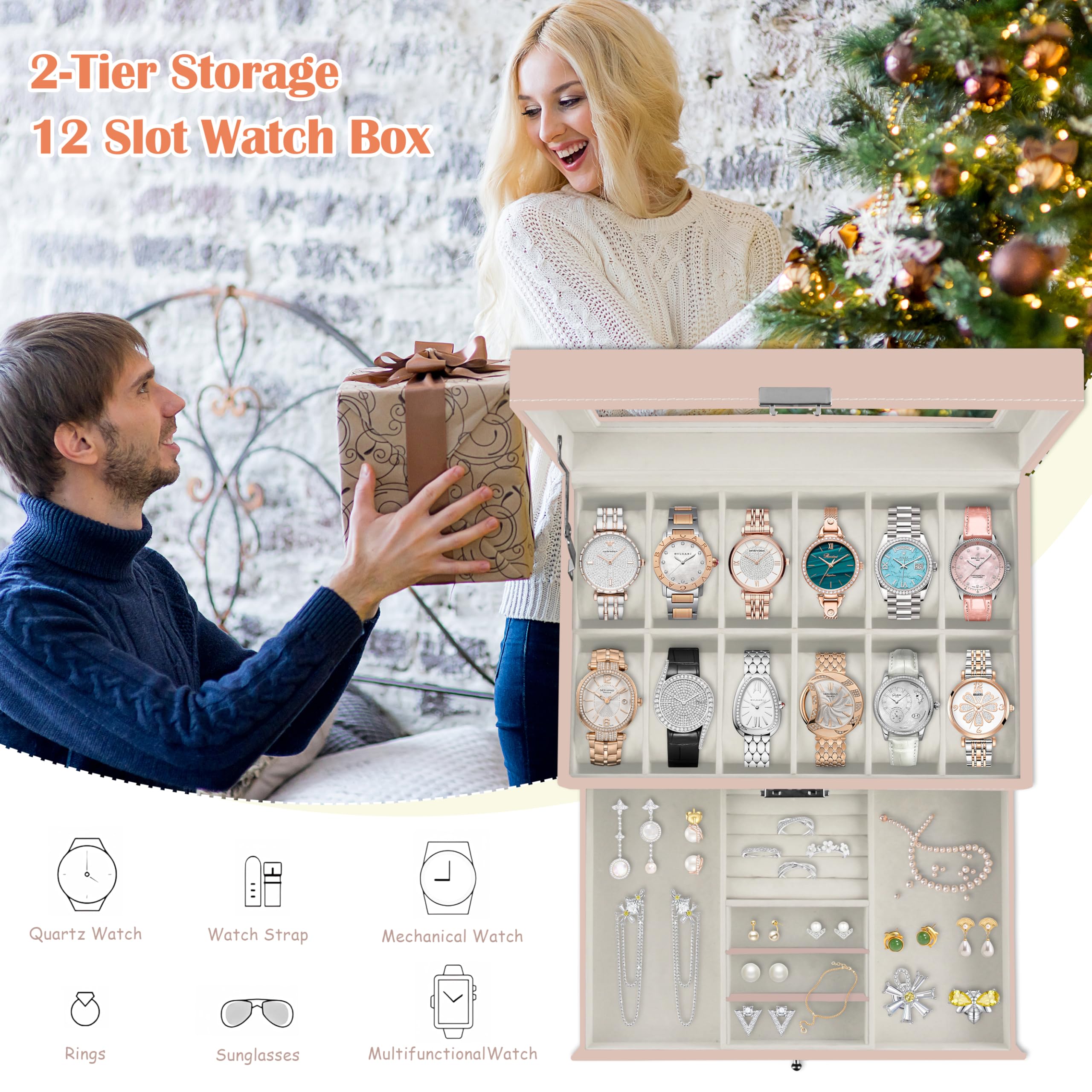 12 Slot PU Leather Lockable Watch Storage Boxes, Men & Women Jewelry Display Drawer Case, 2-tier Organizer Watch Showcase with Glass Lid (Black)