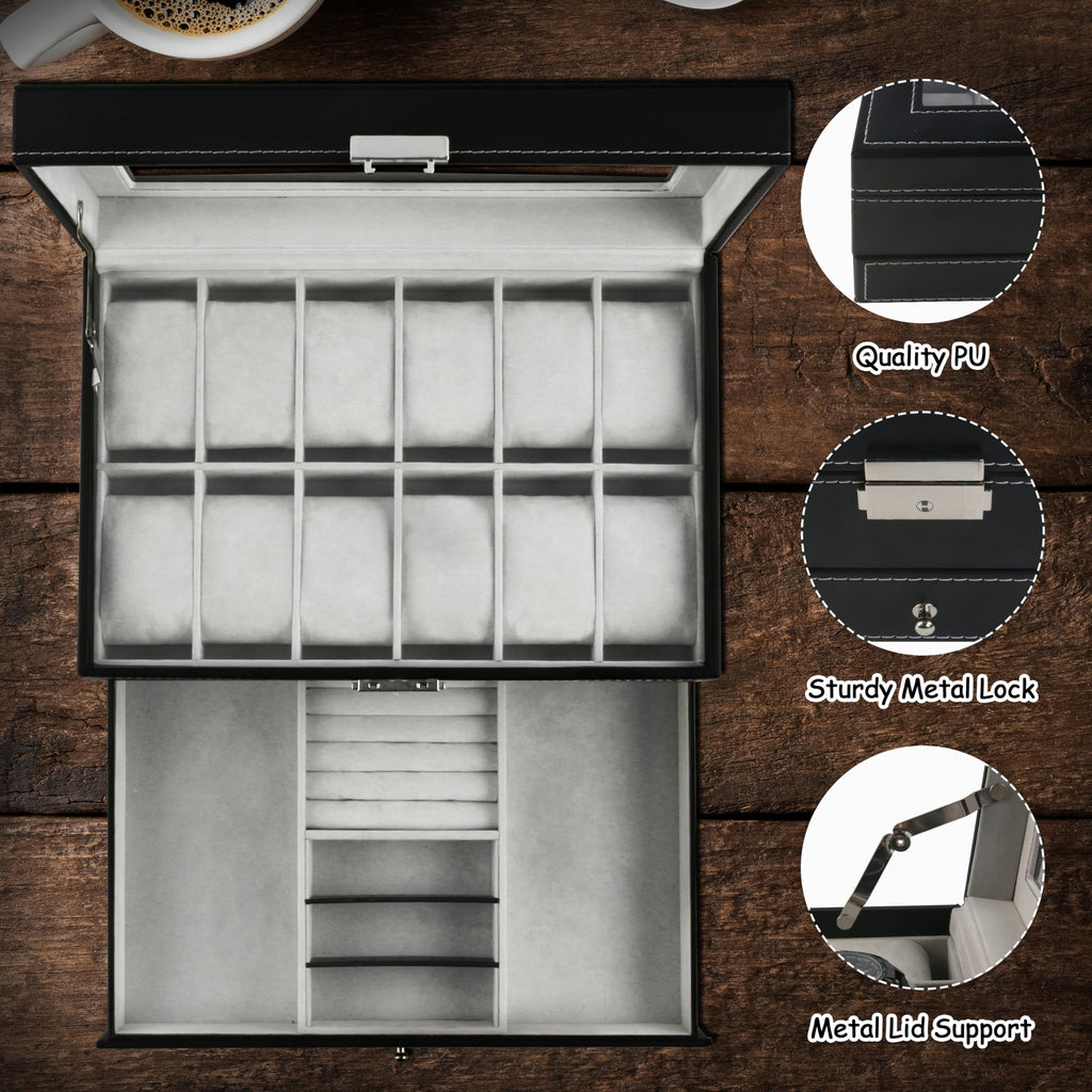 12 Slot PU Leather Lockable Watch Storage Boxes, Men & Women Jewelry Display Drawer Case, 2-tier Organizer Watch Showcase with Glass Lid (Black)