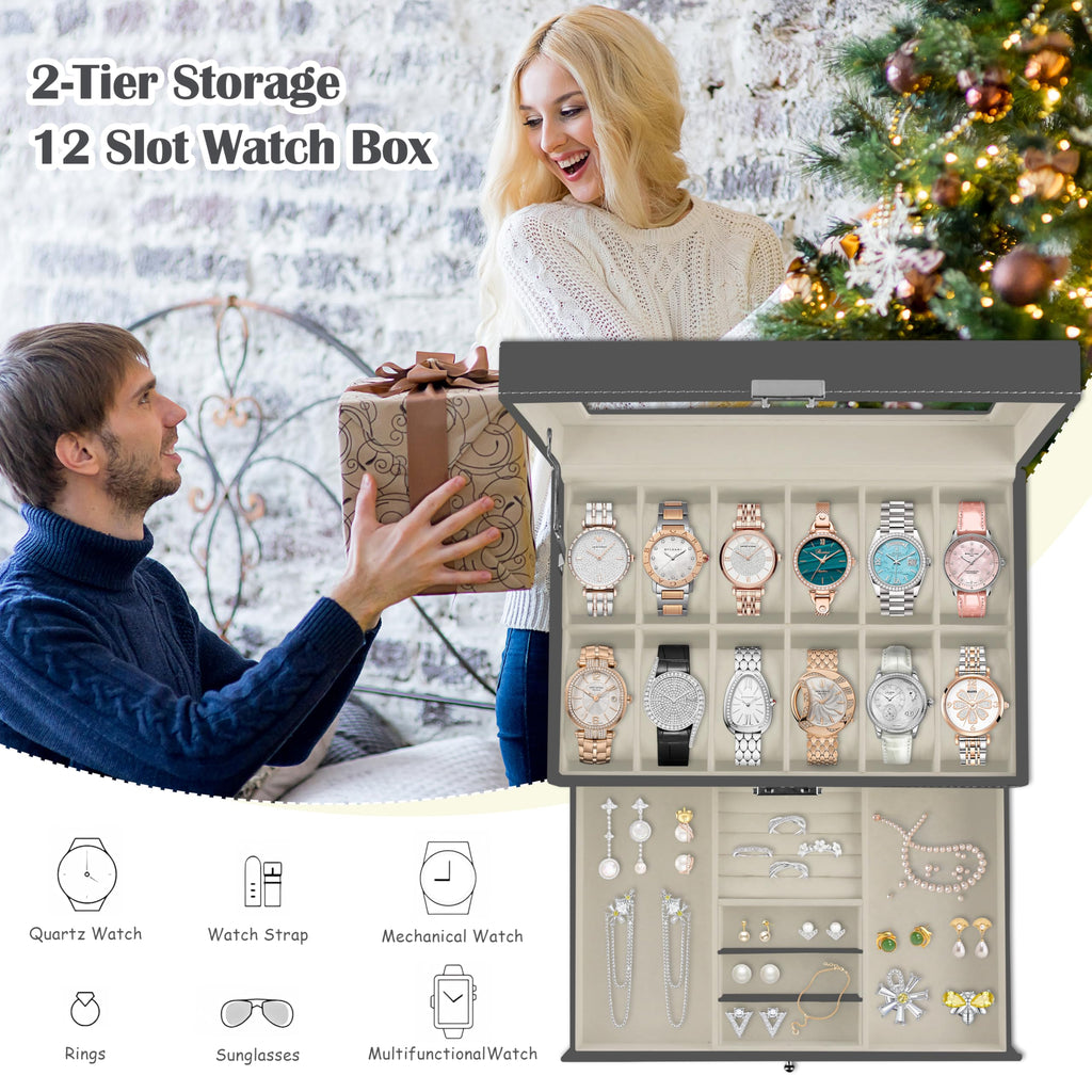 12 Slot PU Leather Lockable Watch Storage Boxes, Men & Women Jewelry Display Drawer Case, 2-tier Organizer Watch Showcase with Glass Lid (Black)
