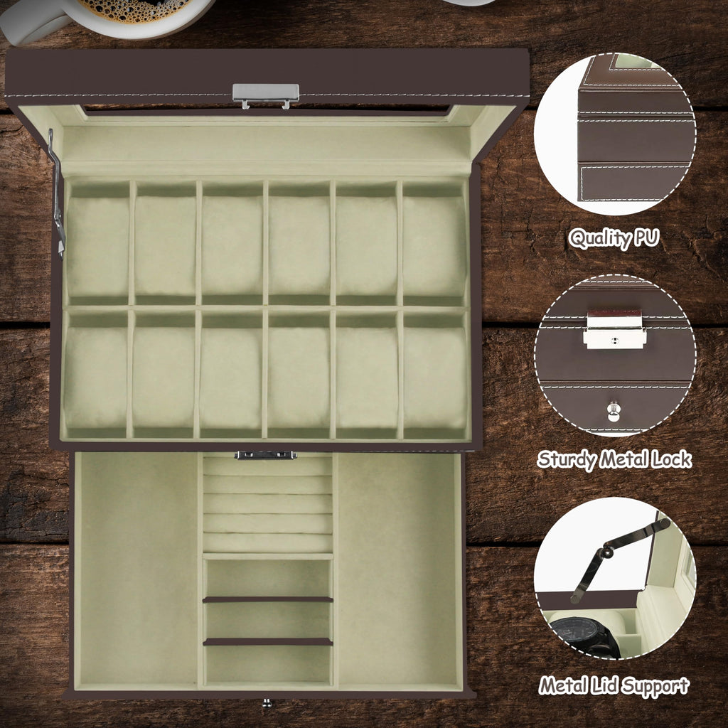 12 Slot PU Leather Lockable Watch Storage Boxes, Men & Women Jewelry Display Drawer Case, 2-tier Organizer Watch Showcase with Glass Lid (Black)