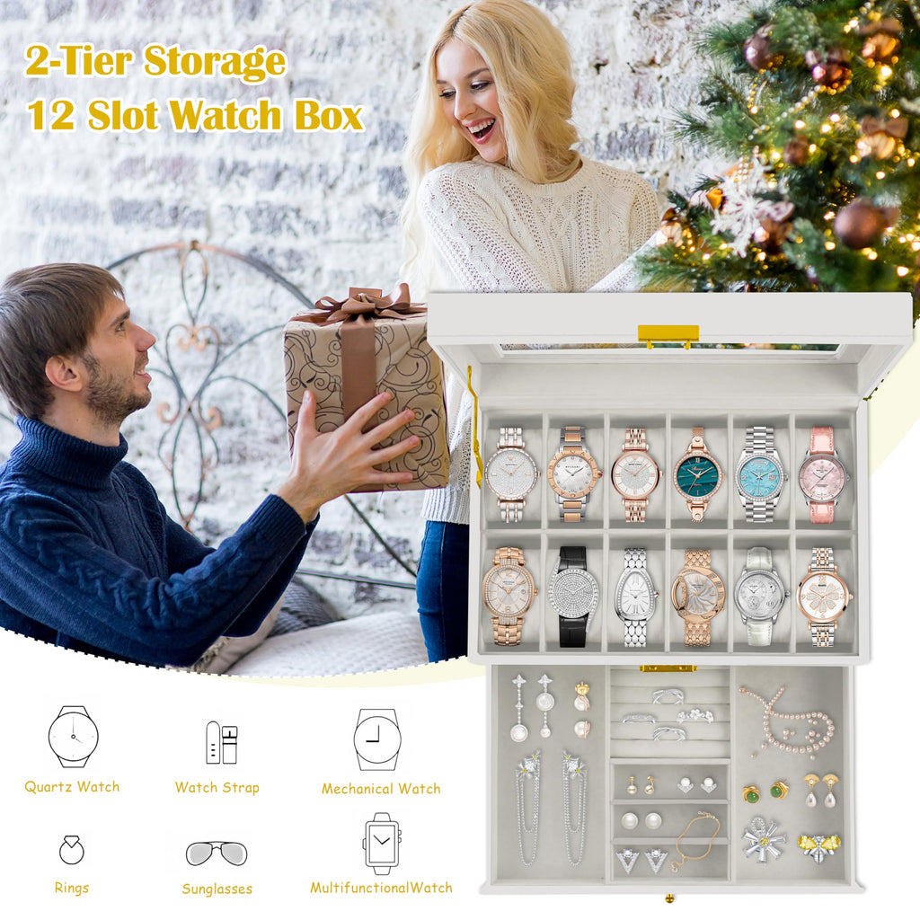 12 Slot PU Leather Lockable Watch Storage Boxes, Men & Women Jewelry Display Drawer Case, 2-tier Organizer Watch Showcase with Glass Lid (Black)