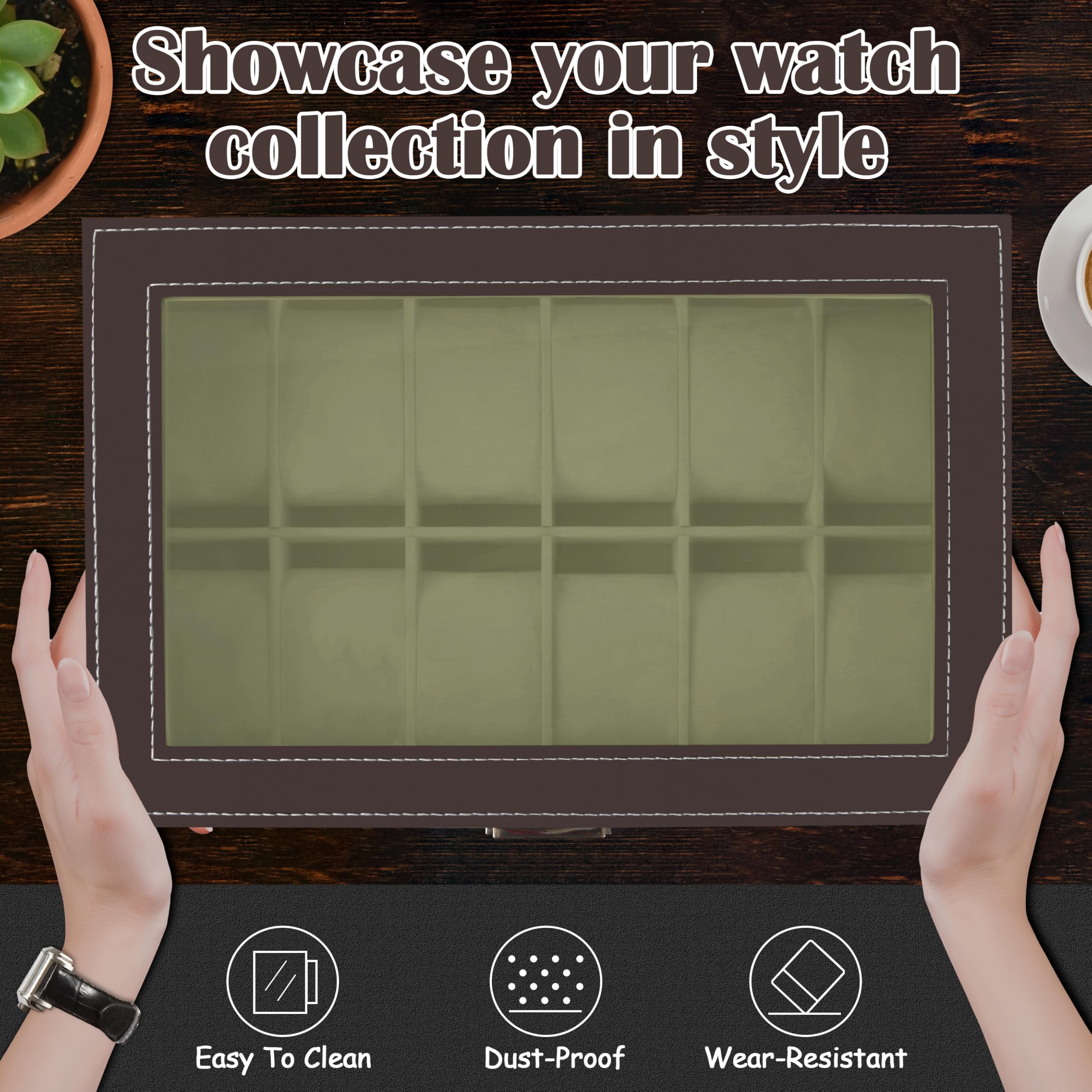 12 Slot PU Leather Lockable Watch Storage Boxes, Men & Women Jewelry Display Drawer Case, 2-tier Organizer Watch Showcase with Glass Lid (Black)