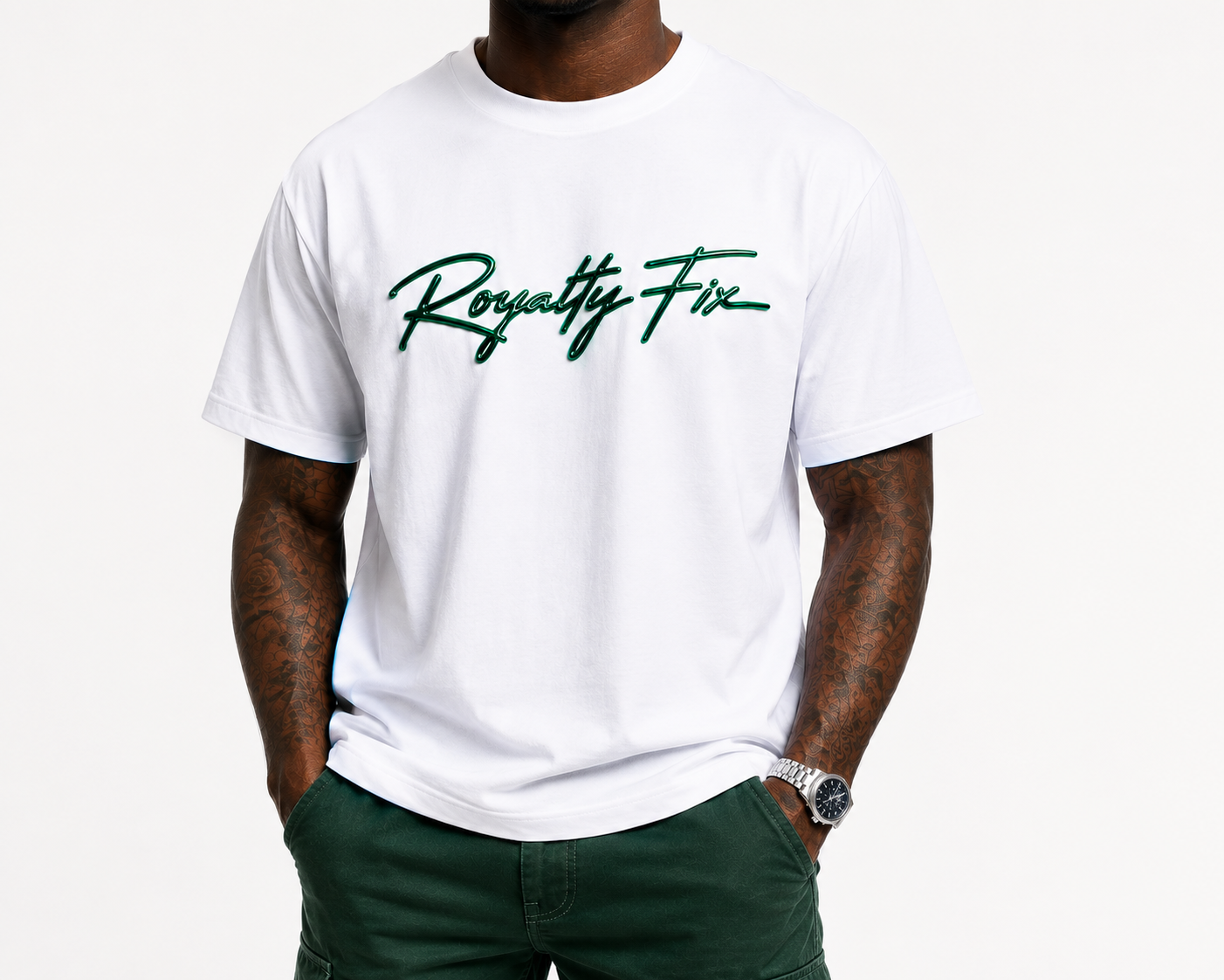 White Tee with Green iridescent RoyaltyFix Silicone Print