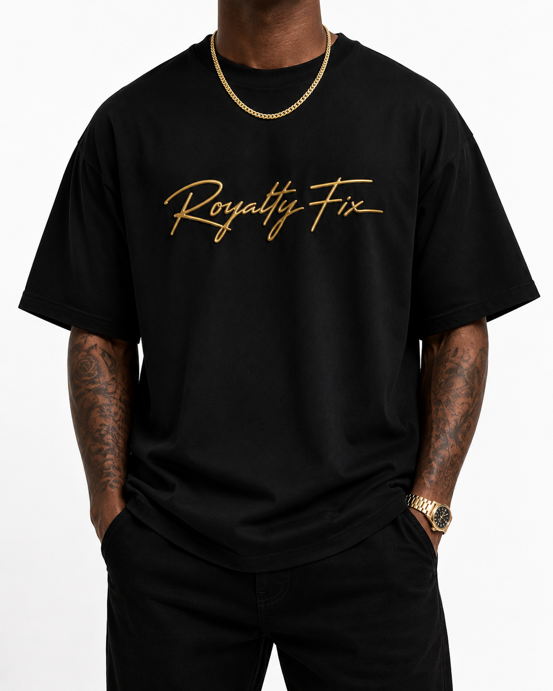 Black Tee with Gold RoyaltyFix Silicone Print