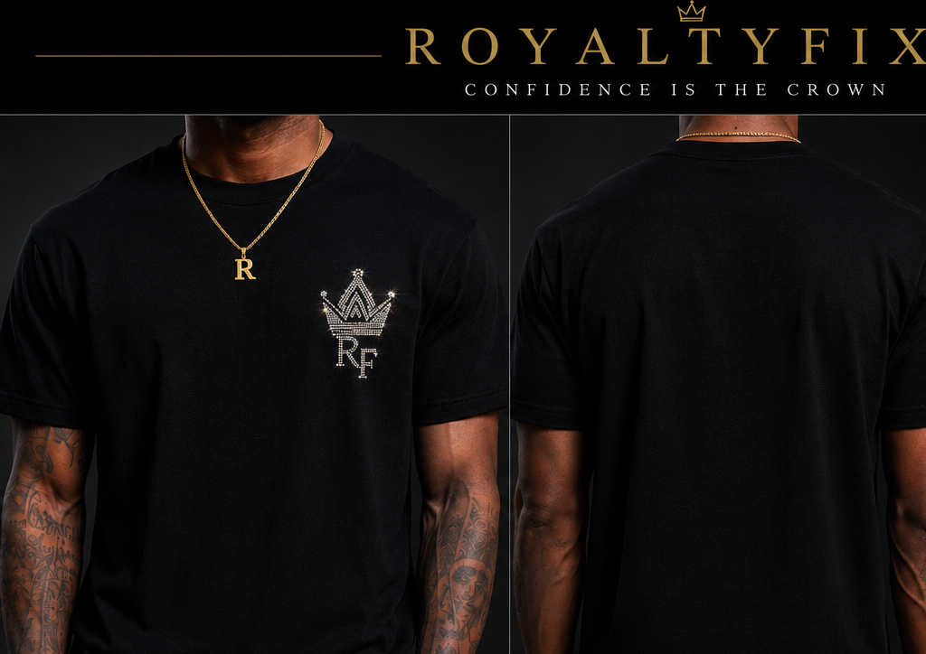RoyaltyFix Rhinestone Crown T-Shirt | Luxury Streetwear | Premium Black Tee | Hotfix Crystal Left Chest Shirt