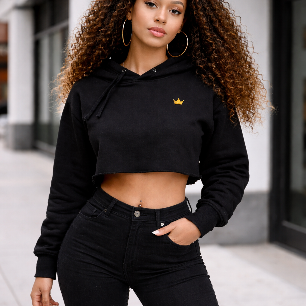 RoyaltyFix Cropped Hoodie – Black Minimal Crown Embroidered Sweatshirt | Luxury Streetwear Women’s Crop Hoodie | Premium Urban Fashion