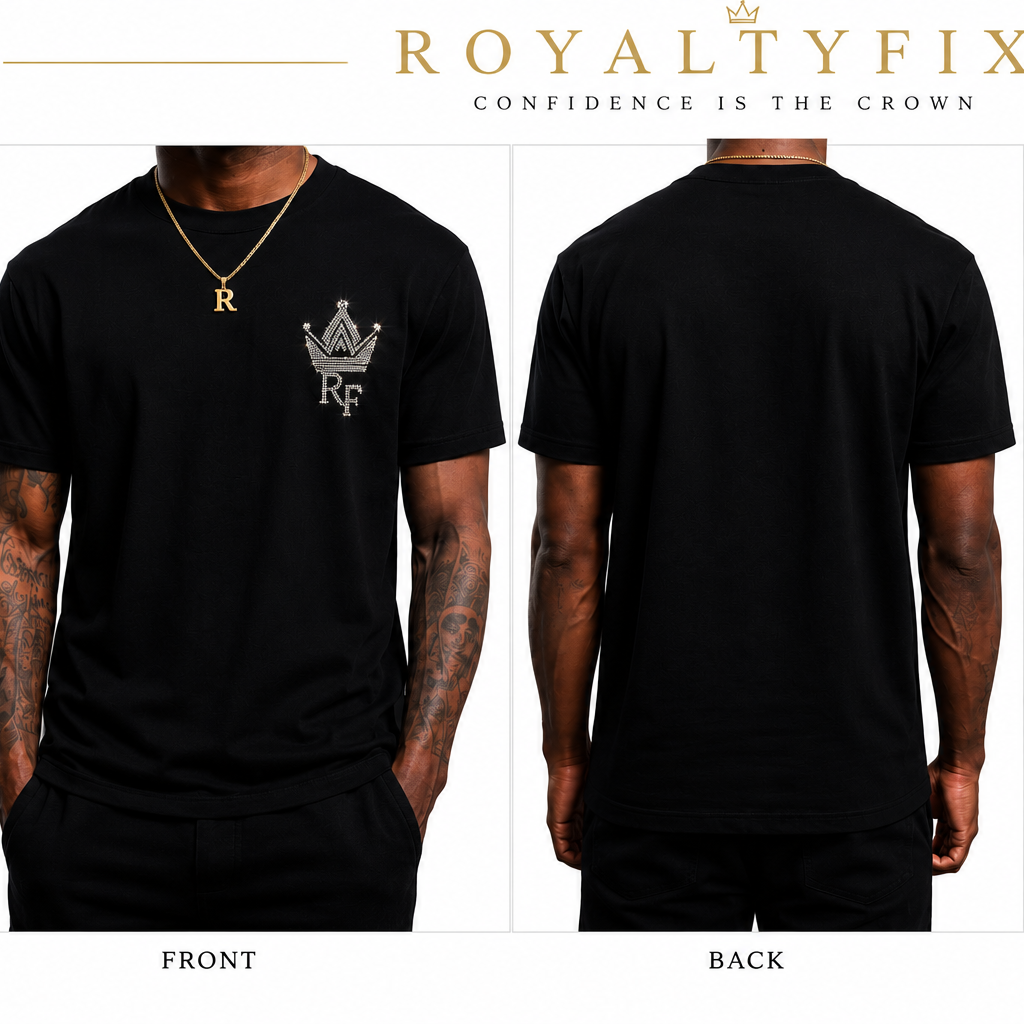 RoyaltyFix Rhinestone Crown T-Shirt | Luxury Streetwear | Premium Black Tee | Hotfix Crystal Left Chest Shirt