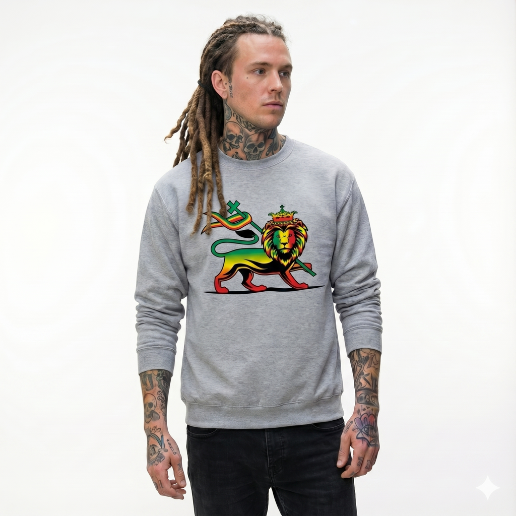 Heather Gray Lion of Judah Crewneck Sweatshirt | Rasta Lion Graphic Streetwear Pullover | RoyaltyFix