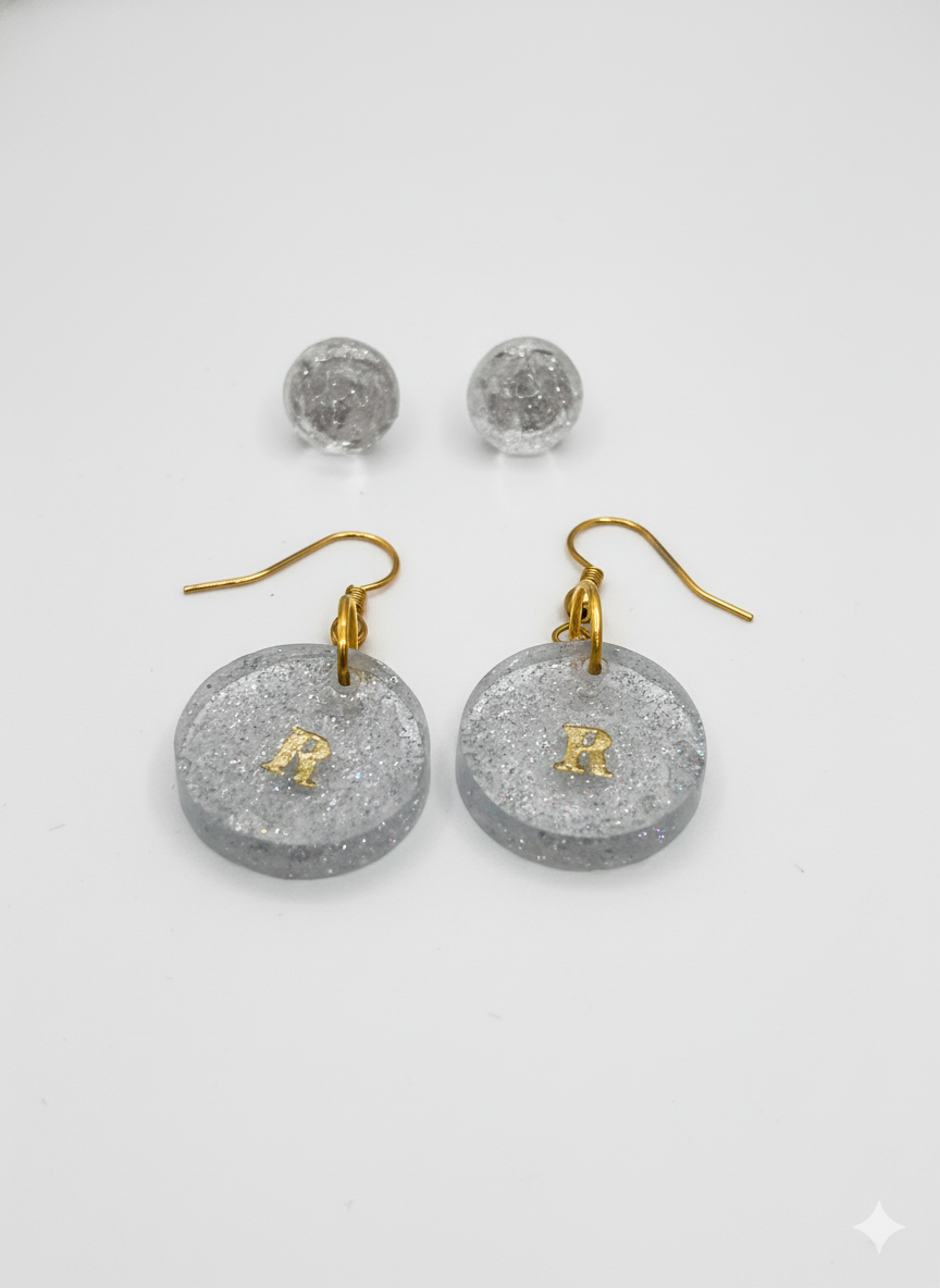 Iridescent Glitter Initials Earrings Set: Round Stud & Dangle,