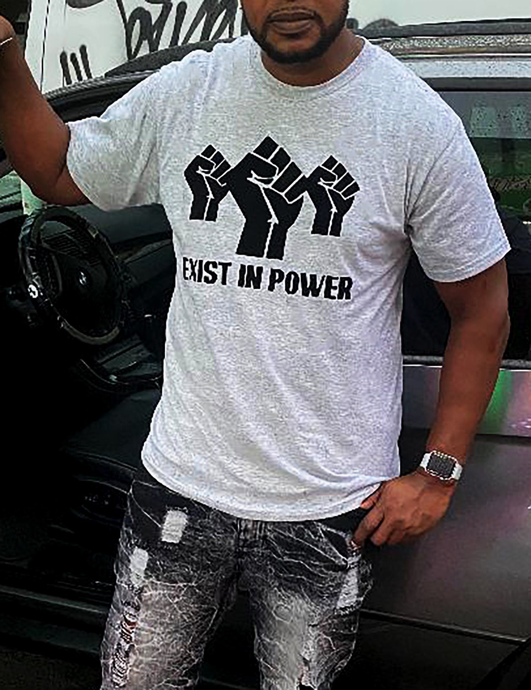 Black Power Fist "Exist in Power" Mens Gray T-Shirt