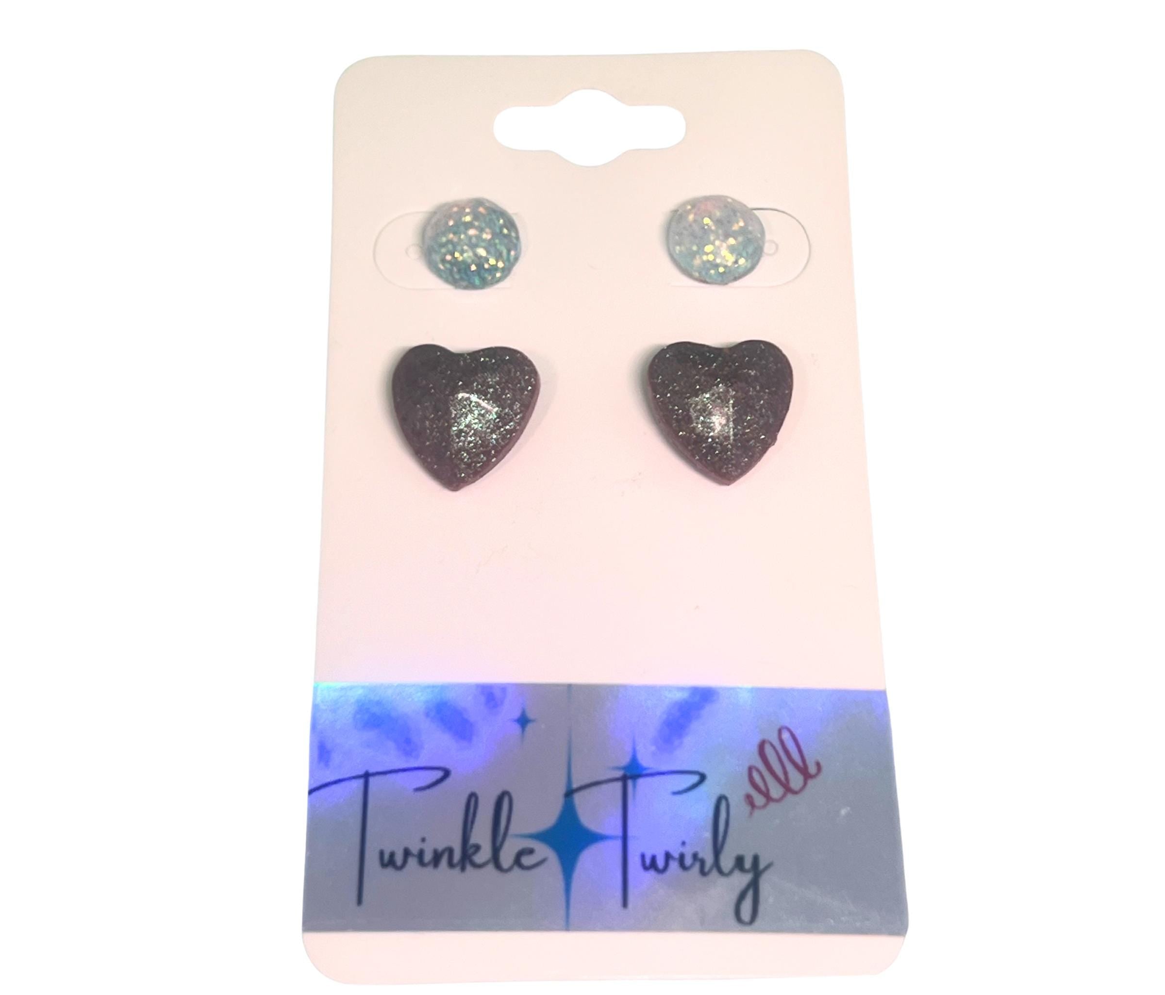 Sparkling Earrings Set: Brown Heart & Light Blue Round, Handmade in USA