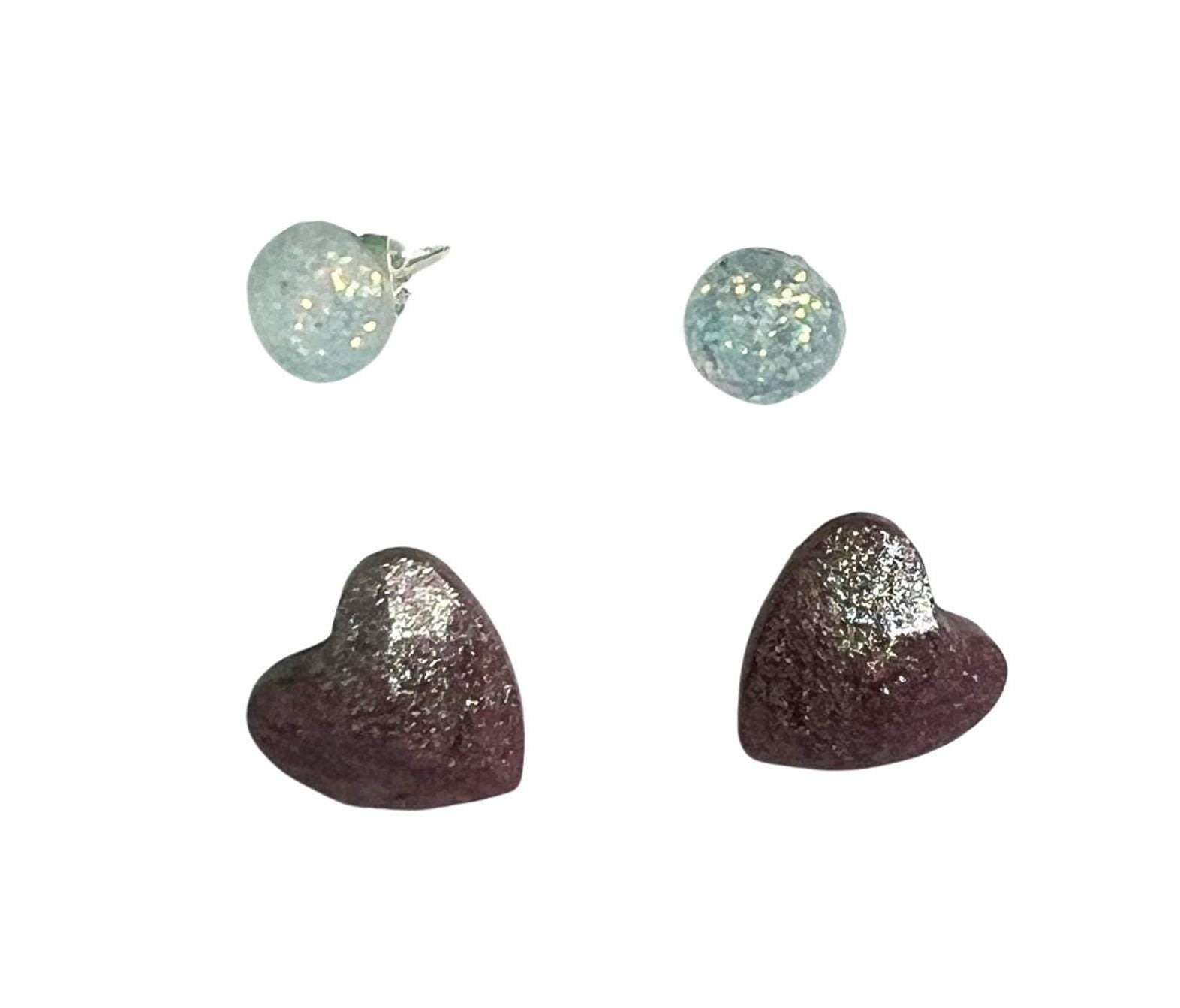 Sparkling Earrings Set: Brown Heart & Light Blue Round, Handmade in USA