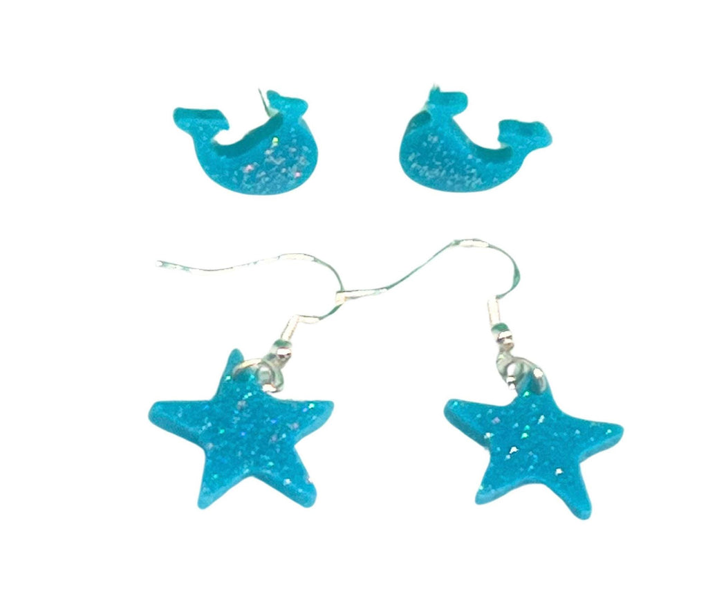 Sparkly Turquoise Whale and Star Earrings Set: Handmade Stud & Dangle Pair