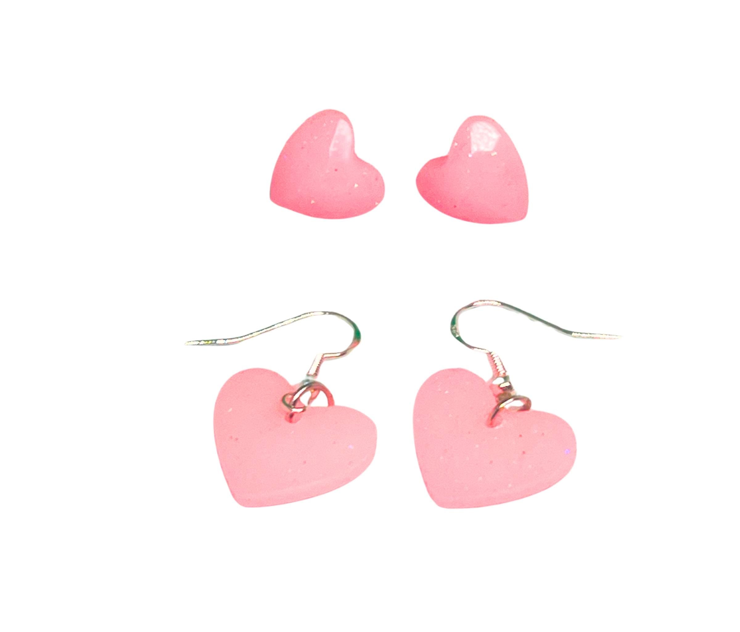 Handmade Shimmering Petal Pink Heart Earrings Set: Stud & Dangle