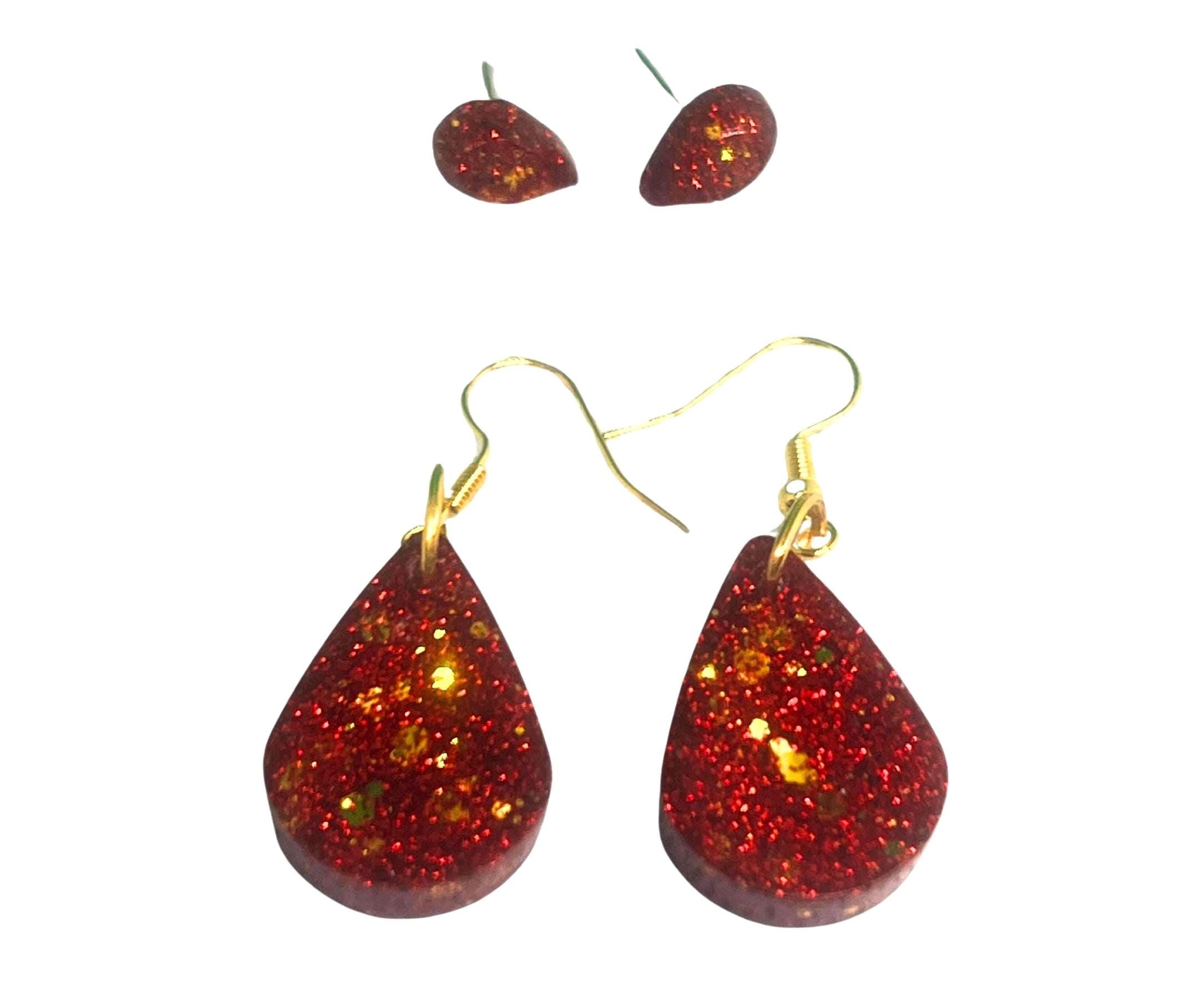 Sparkly Red and Gold Drop Earrings Set – 2 Pairs of Drop Stud and Dangle Earrings - Jewelry for Kids, Teens & Adults, Handmade Gift