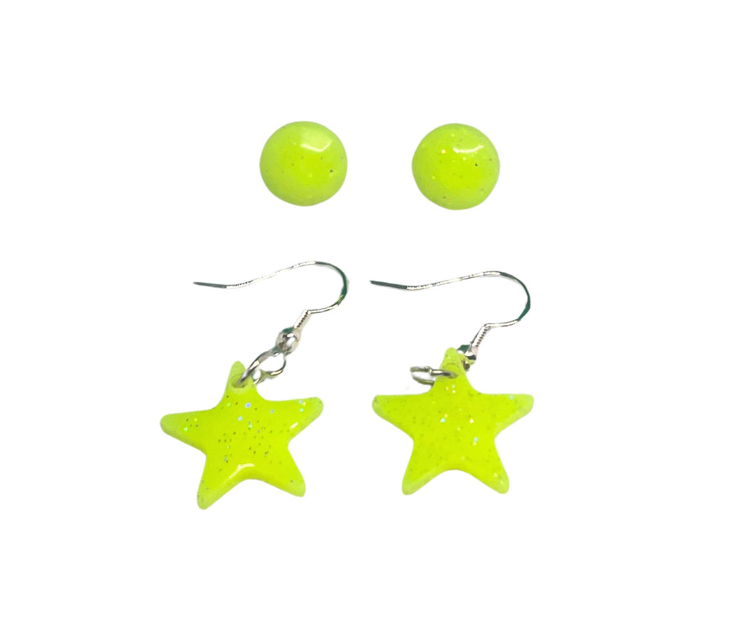 Handmade Yellow Glow-in-the-Dark Earrings Set: Star Dangle & Stud Earrings