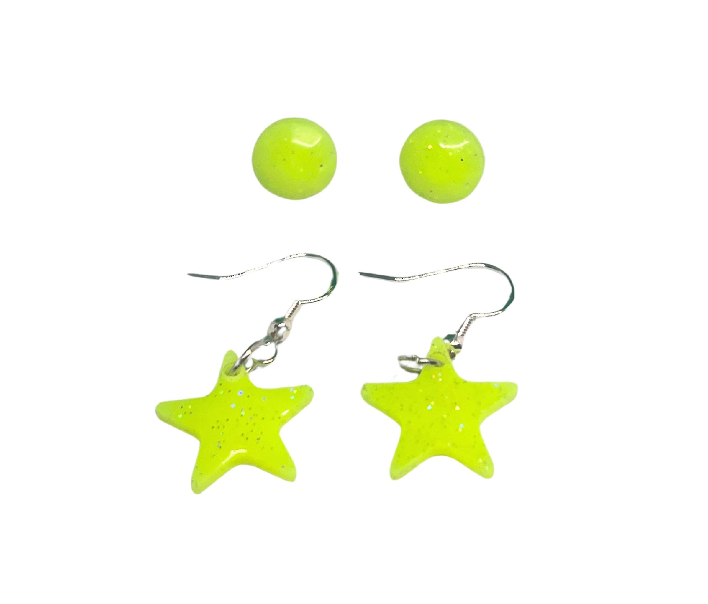 Handmade Yellow Glow-in-the-Dark Earrings Set: Star Dangle & Stud Earrings